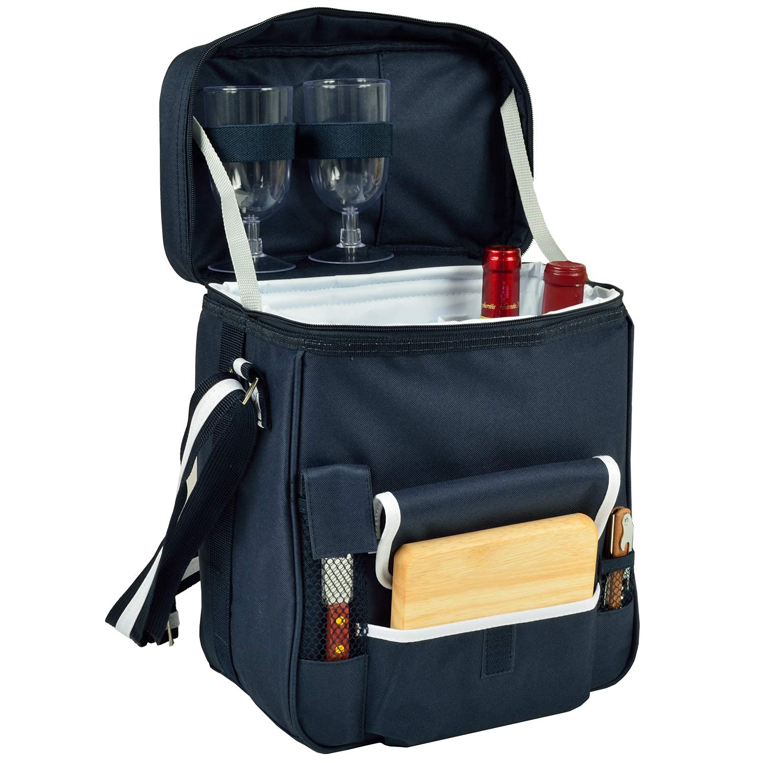 Premium Wine and Cheese Picnic Basket Set with Hardwood Cutting Board, Cheese Knife & Corkscrew - Navy Blue Cooler for Outdoor Picnics, Beach Trips and Romantic Dates