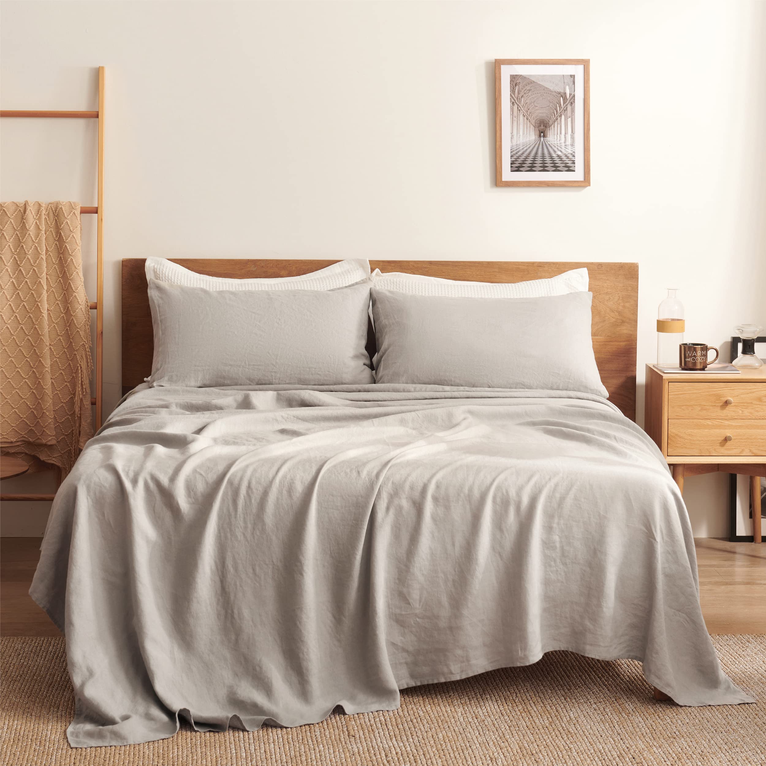 Bedsure 100% French Linen Sheet Set Twin Size - Breathable Deep Pocket Bed Sheets, Washed Natural Linen Bedding (66