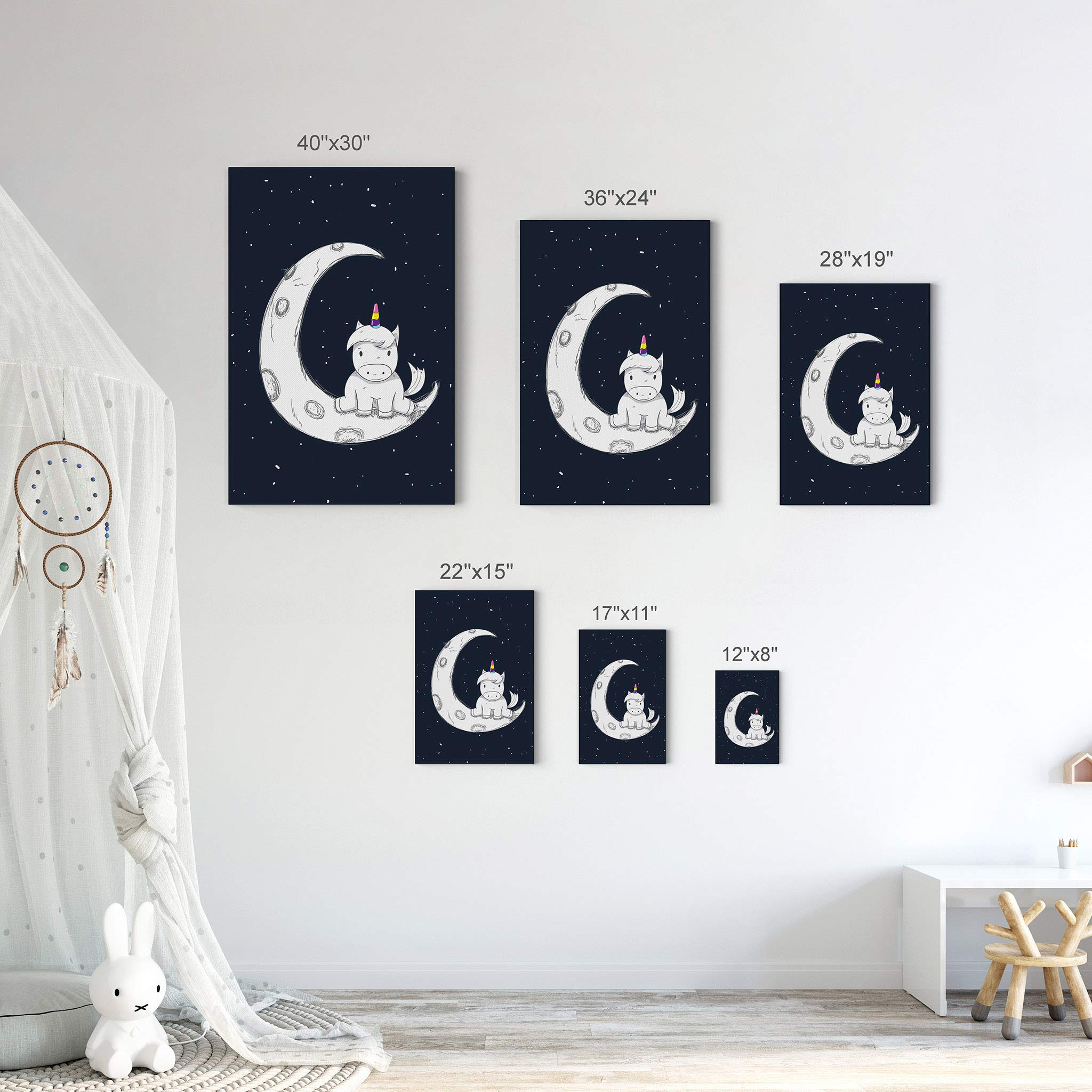 Smile Art Design Cute Unicorn Canvas Wall Art - Moon, Sky & Stars Print for Kids Room, Nursery Decor - Ready to Hang 12x8 Inch Made in USA | Perfect for Baby Shower Gifts & Children's Bedroom Decoration