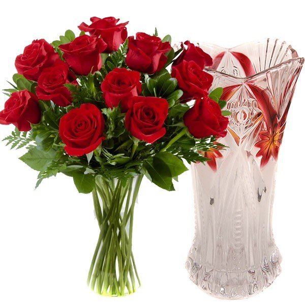 12 Fresh Dutch Red Roses in Glass Vase - Perfect for Valentine's Day, Anniversary, Wedding & Home Decor