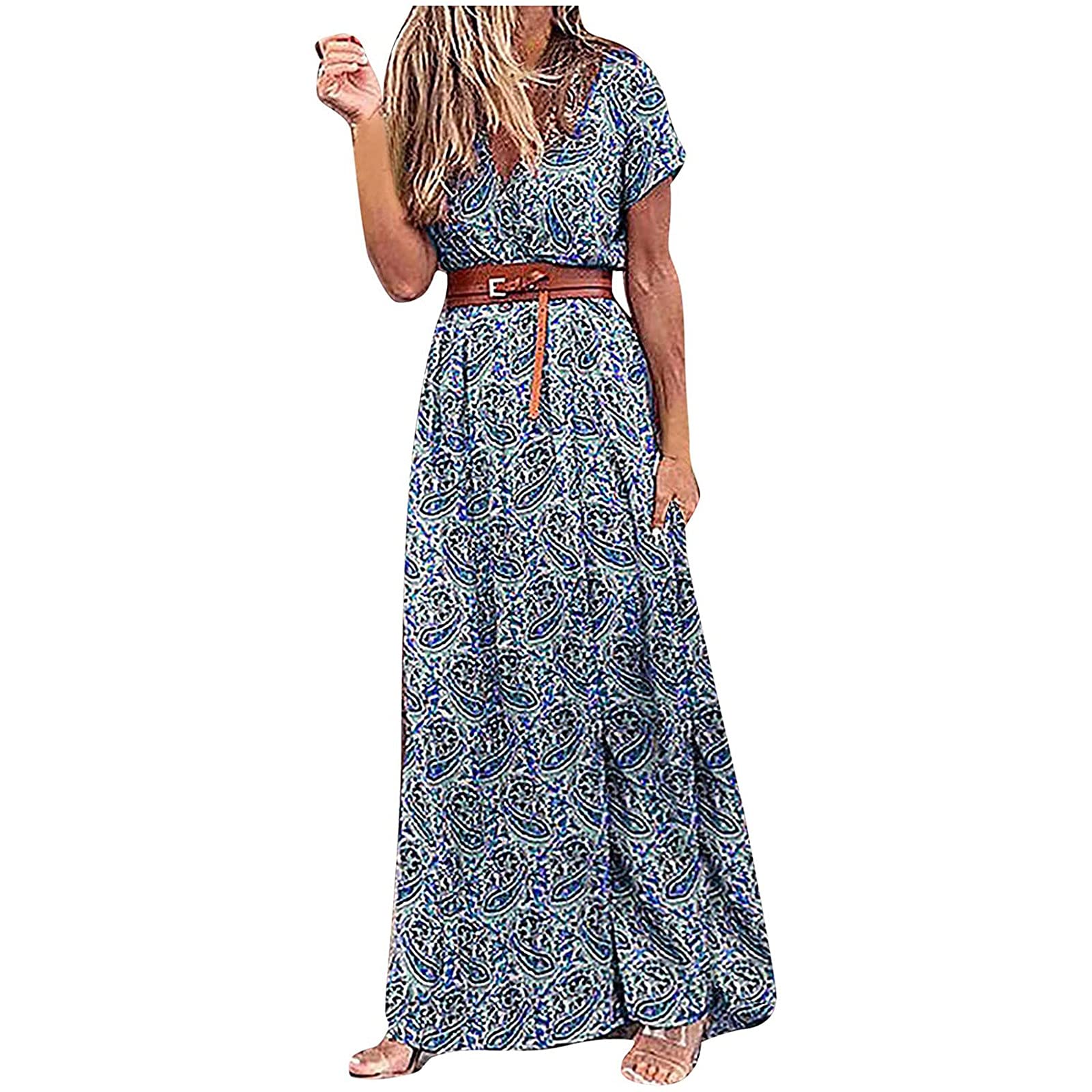 Bohemian Floral Printed Maxi Dress for Women - Summer V Neck Short Sleeve Beach Dress with Belt | Perfect for Vacations, Weddings & Casual Outings
