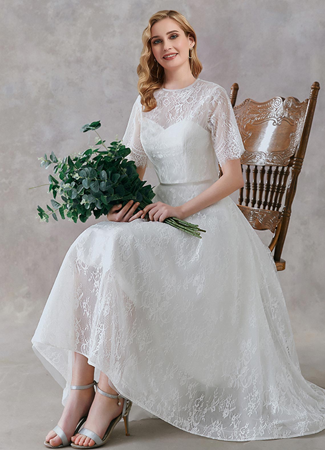 Elegant A-Line Scoop Neck Tea-Length Lace Wedding Dress - Convertible 2-in-1 Bridal Gown for Ceremony & Reception | Perfect for Beach Weddings, Garden Parties & Vow Renewals