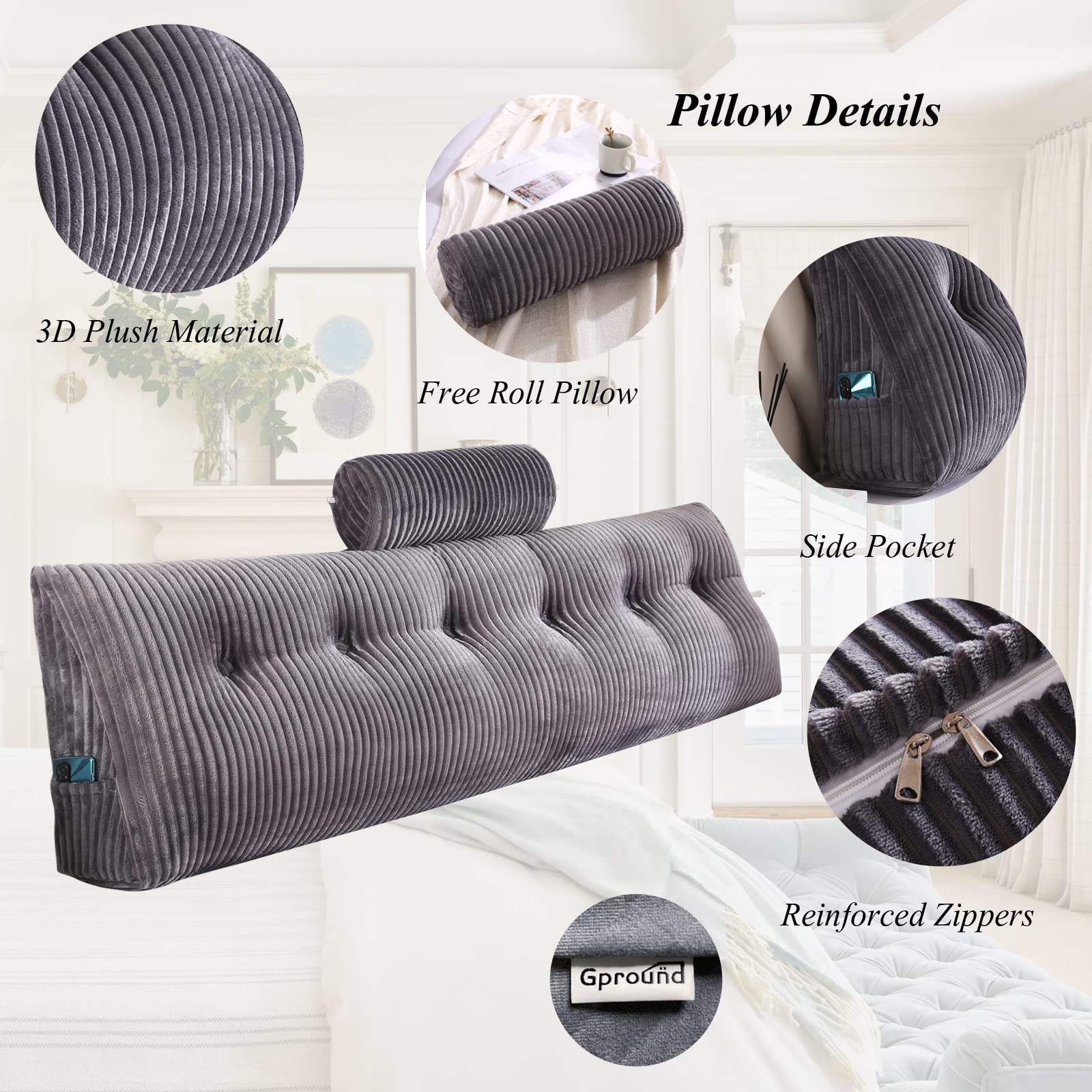 Wedge Headboard Pillows & Bolster Pillow Set - Large Bed Wedge for Back Support, Reading & Sitting Comfort - Perfect for Bed Rest, Reading, and Relaxing in Bed