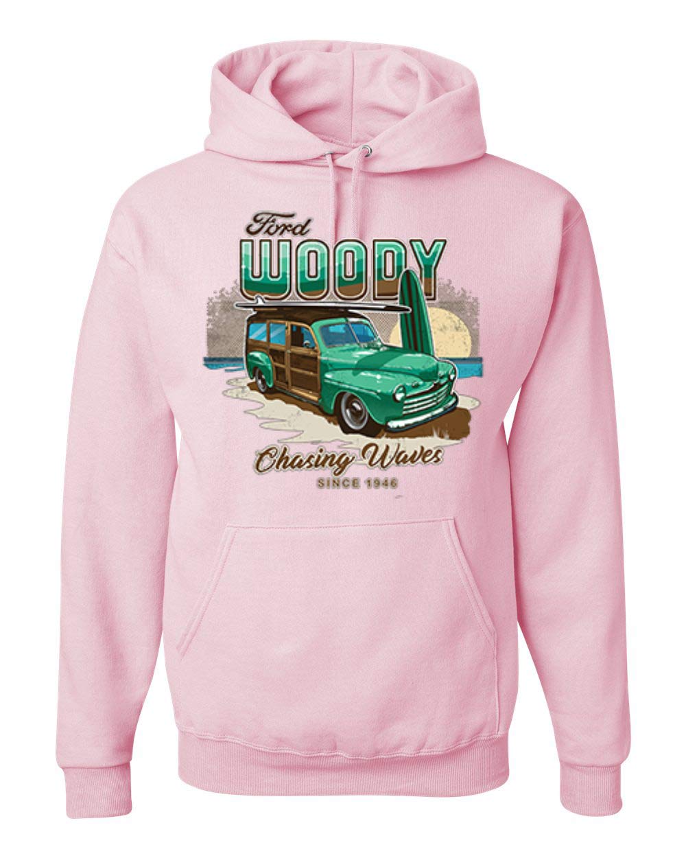 Wild Bobby 1946 Vintage Ford Woody Chasing Waves Graphic Hoodie - Retro Cars & Trucks Unisex Sweatshirt for Men & Women - Perfect for Beach Outings, Car Shows & Casual Streetwear