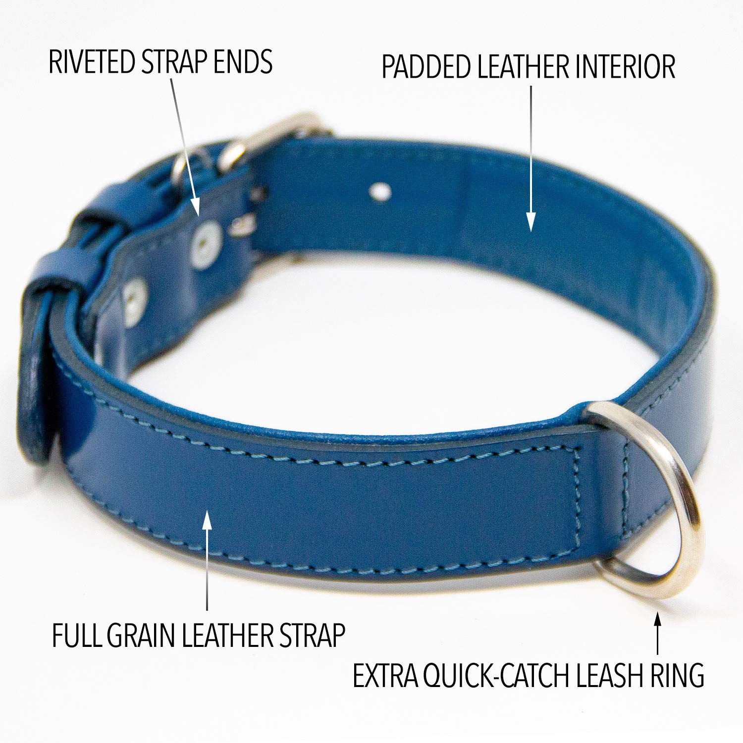 Premium Full Grain Leather Dog Collar with Padded Comfort - Adjustable Medium Size for Medium Dogs (Blue) - Perfect for Daily Walks, Training & Outdoor Adventures
