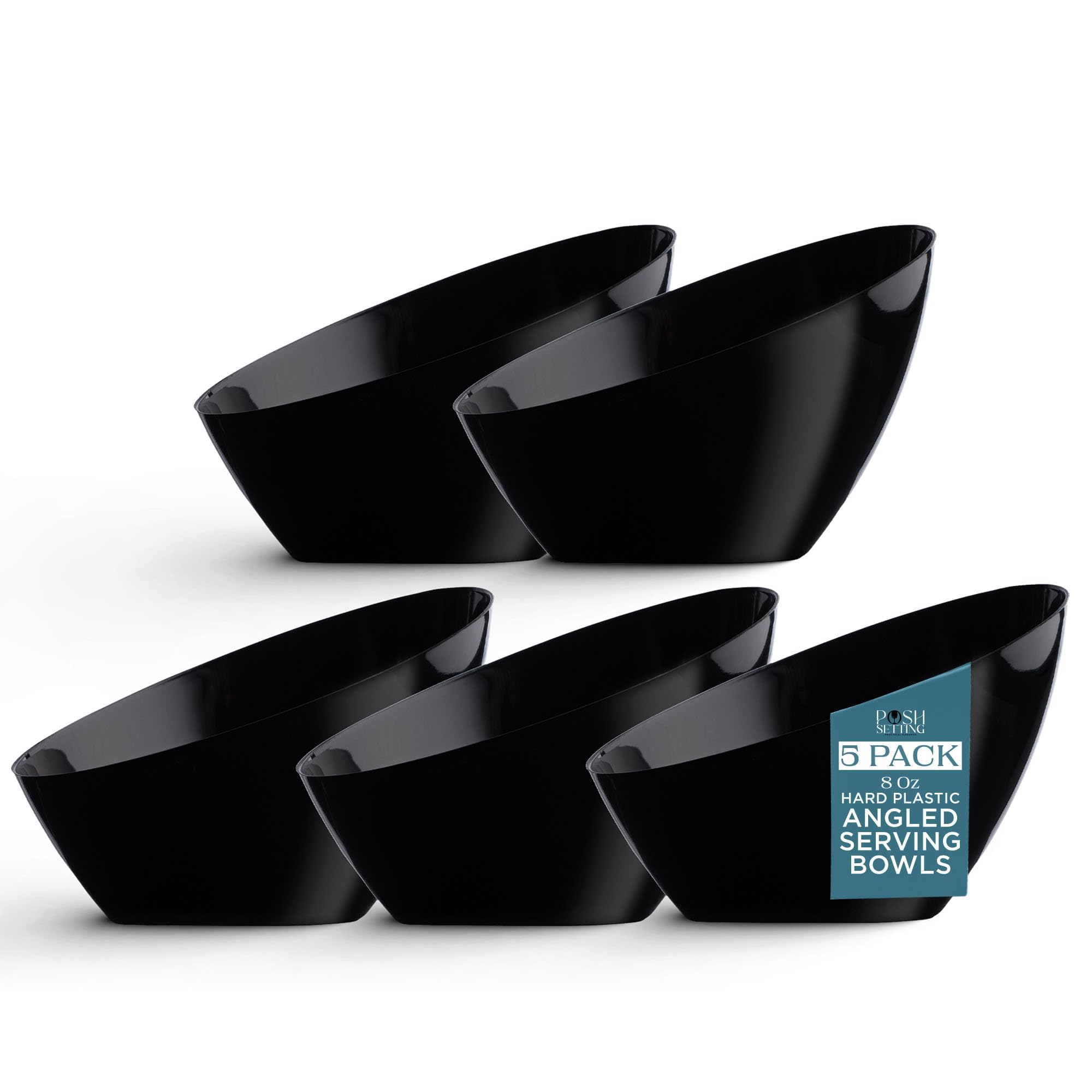 Disposable Black Plastic Serving Bowls 8oz - 5 Pack Angled Candy & Snack Bowls for Parties, Weddings, Events - Elegant Black, Gold, Clear & White Serving Dishes - Perfect for Chips, Nuts, Candy Buffets & Appetizer Display