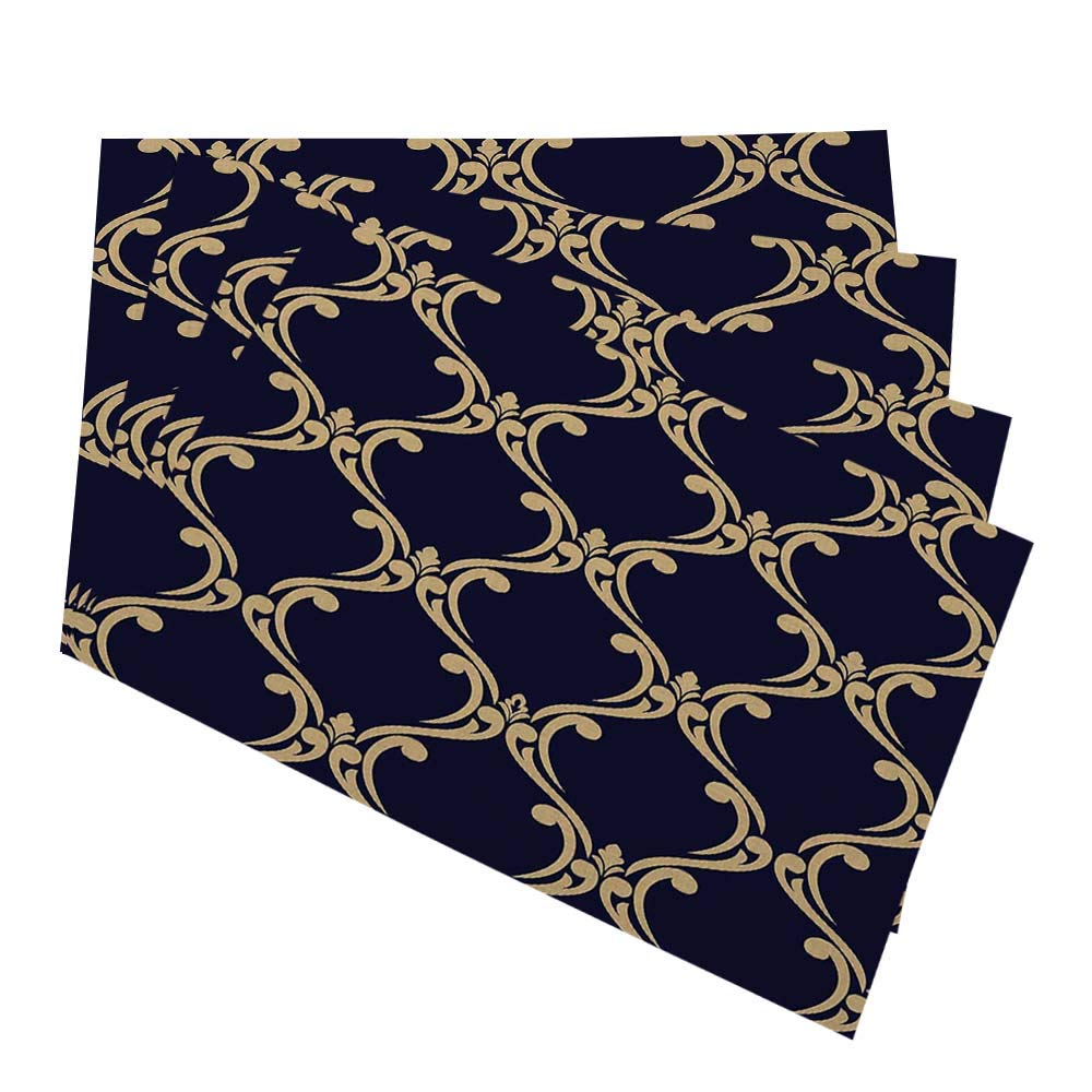Luxury Baroque Damask Placemats Set of 4 - Gold & Blue-Black Ornamental Table Mats 12x18 Inch, Cotton Linen for Dining Table - Perfect for Formal Dinners, Holiday Decor & Elegant Home Kitchen Decor