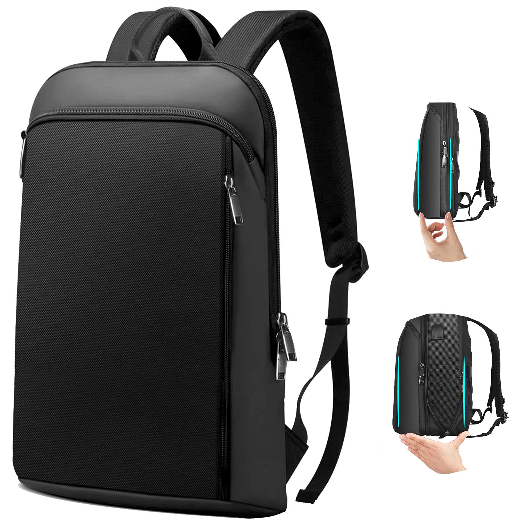 ZINZ Slim Expandable 15-16 Inch Anti-Theft Laptop Backpack with USB Charging Port - Large Capacity Business Travel Backpack for Men & Women - Perfect for Commuting, College & Office Use - Deep Black