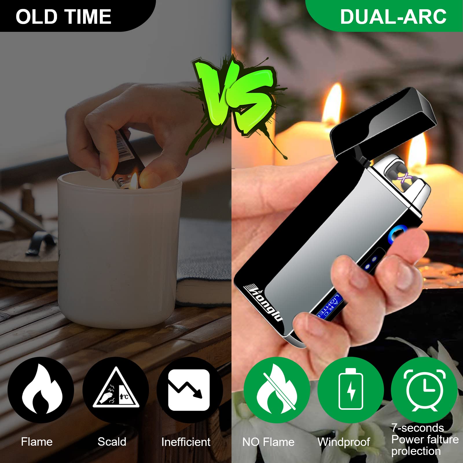 USB Rechargeable Windproof Electric Lighter - Dual Arc Plasma Lighter for Candles, BBQ, Camping & Fireworks | LED Power Display | Perfect for Outdoor Adventures & Emergency Use (Black)