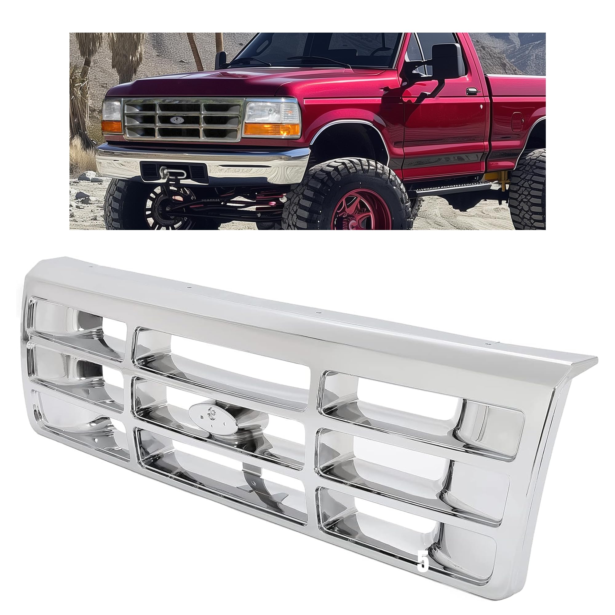HECASA Chrome Front Grille Replacement for 1992-1997 Ford Bronco F-150 F-250 F-350 | Heavy Duty Bumper Grille Compatible with FO1200442 E4TZ8200 | Perfect for Off-Roading & Truck Restoration Projects