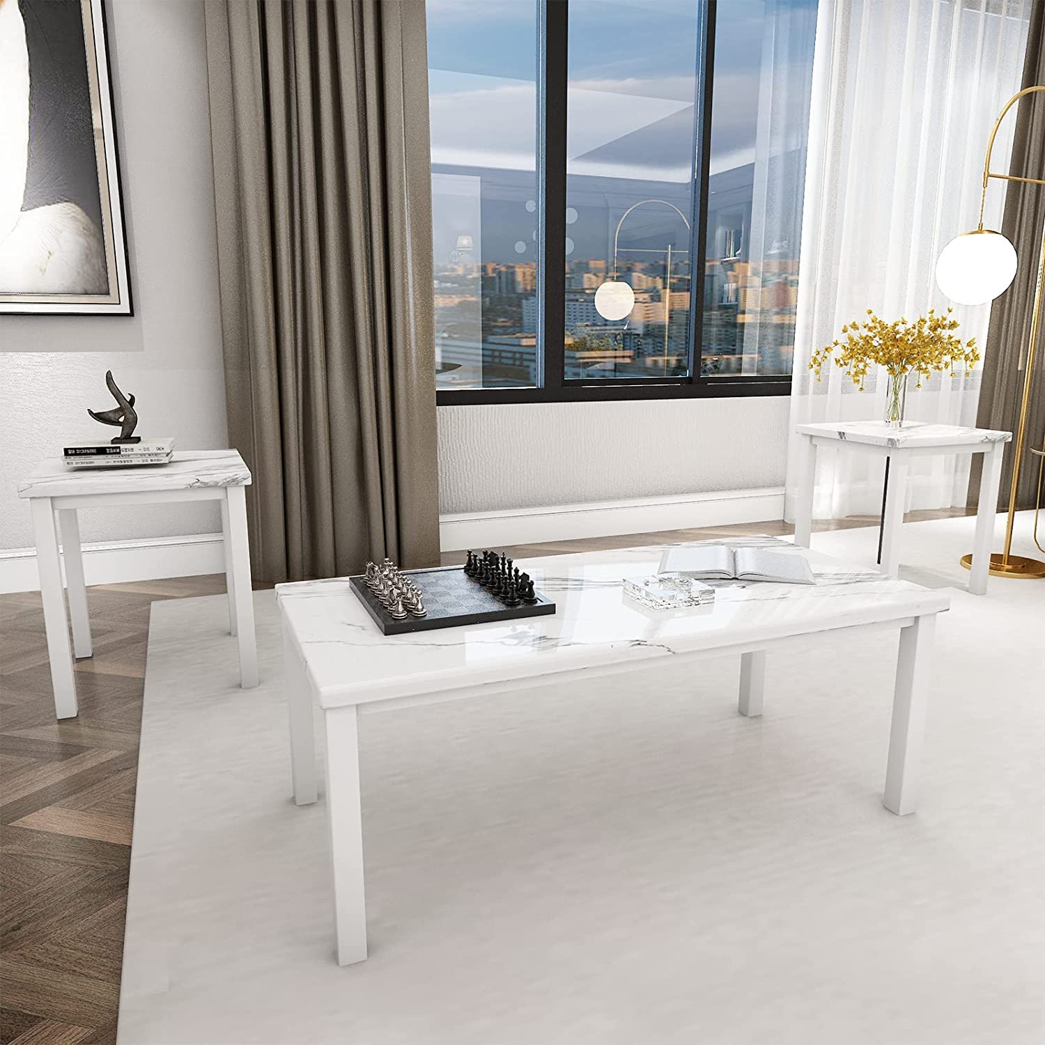 AWQM 3-Piece Faux Marble Coffee Table Set - Rectangular Coffee Table & 2 Side End Tables - Modern Living Room Furniture for Small Spaces, Apartments - White Marble Finish - Perfect for Entertaining, Relaxing & Home Decor