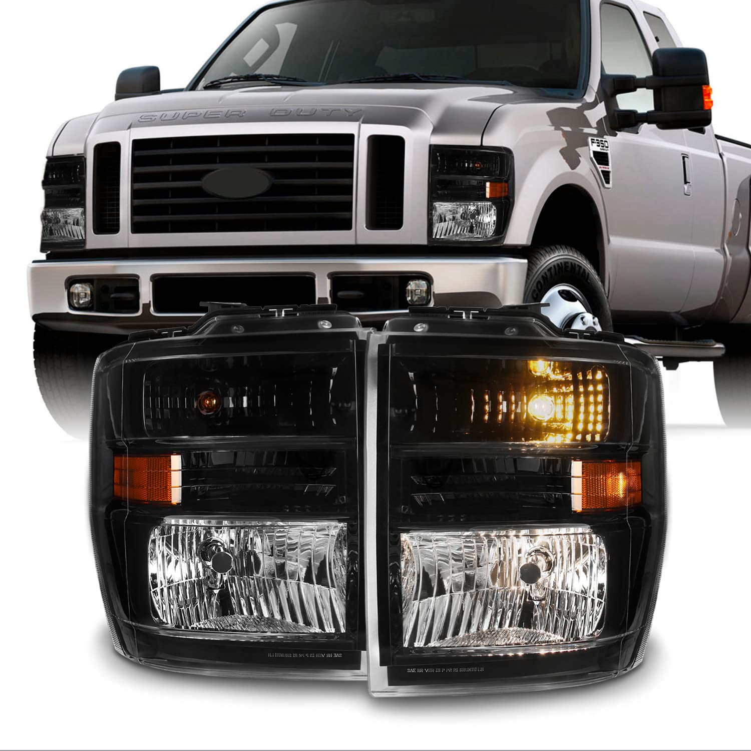 AKKON Black Halogen Headlights for 2008-2017 Ford E-Series & Super Duty - Perfect for Night Driving