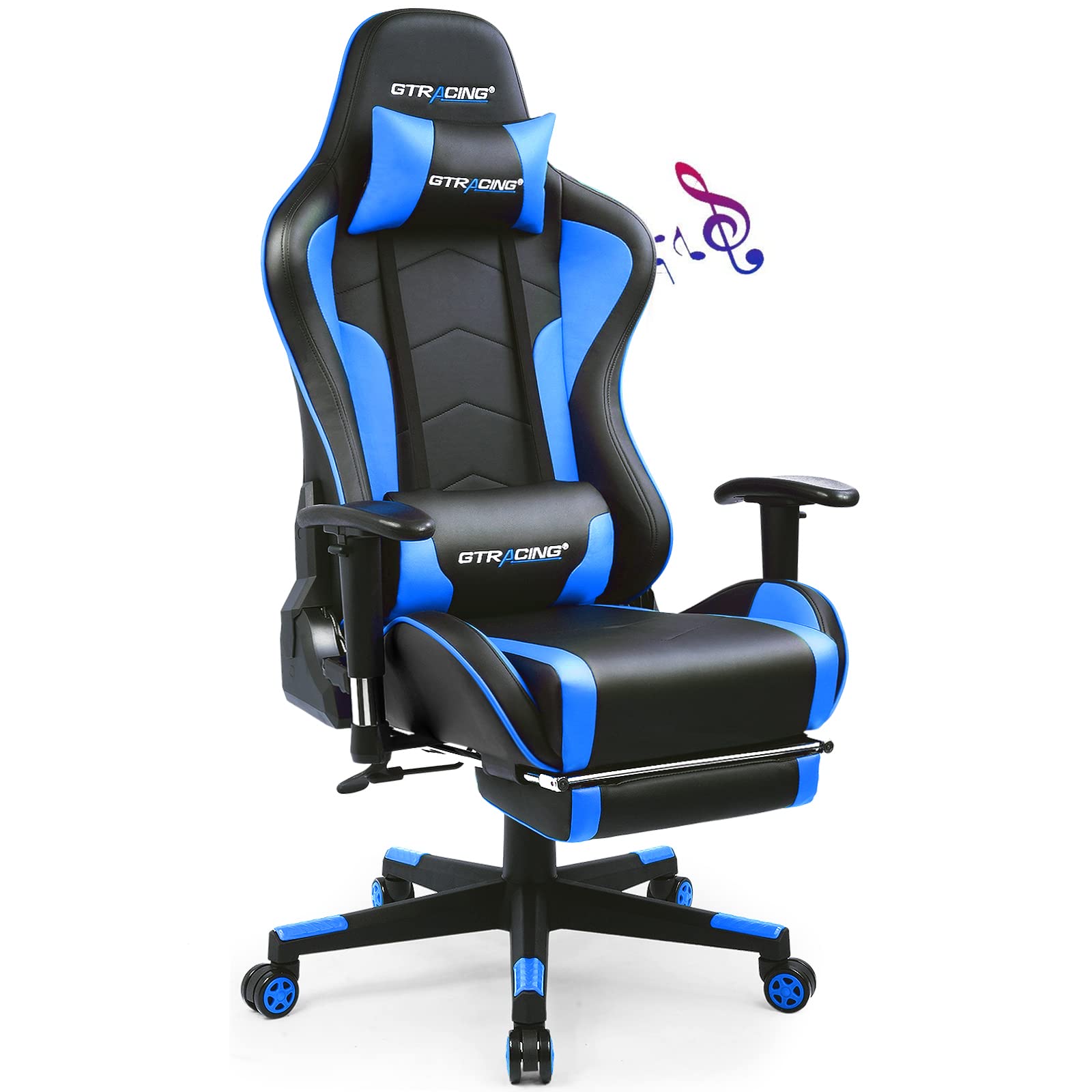 GTRACING Ergonomic Gaming Chair with Adjustable Footrest & Bluetooth Speakers - Heavy Duty Computer Office Desk Chair for Video Games & Work (Blue) - Perfect for Gaming, Streaming & Home Office Use