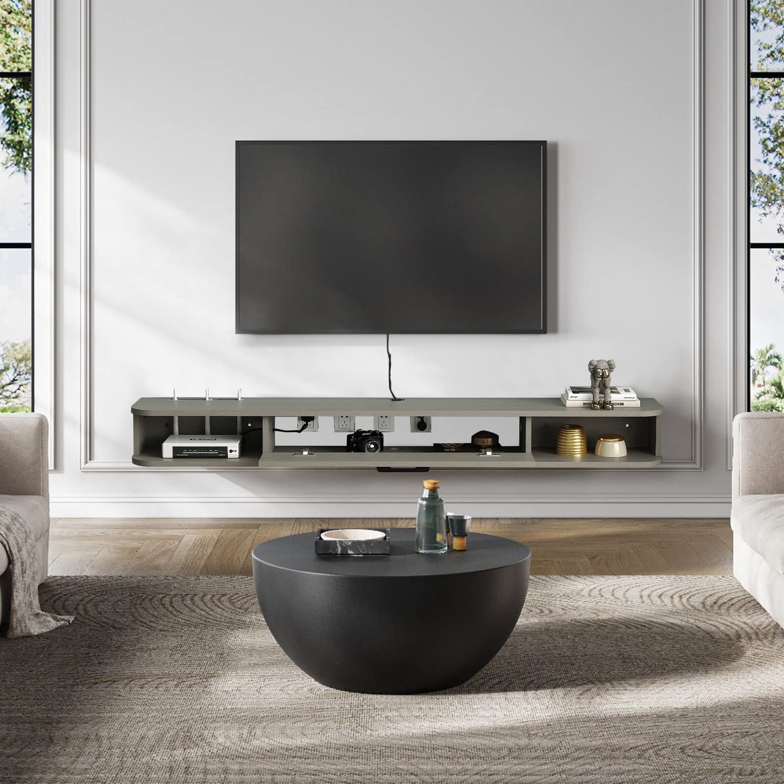 PMNIANHUA Floating TV Stand for 55-60 Inch TVs - Wall Mounted TV Shelf with Storage for Gaming Consoles, Small Spaces, Apartments & Bedrooms - Light Grey Oak - Perfect for Modern Living Rooms & Home Theaters