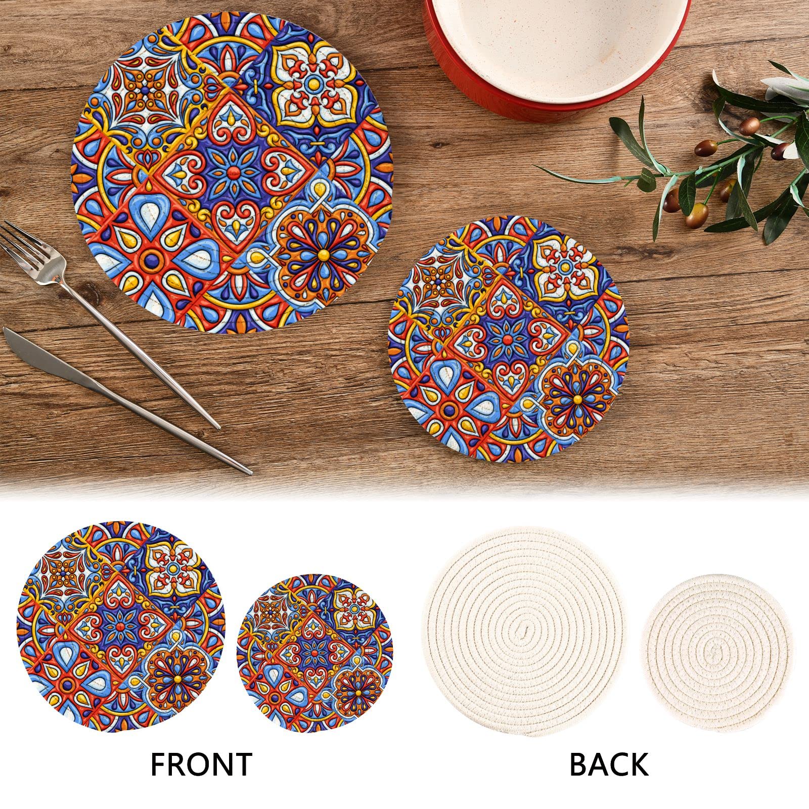 Mexican Talavera Ceramic Tile Pot Holders - Set of 2 Heat Resistant Cotton Trivets for Kitchen, Perfect for Hot Dishes, Baking, and Table Setting