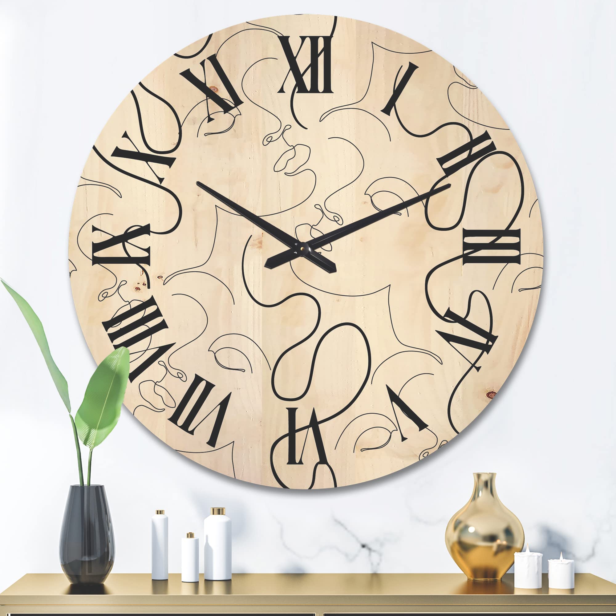 Modern Black and White One Line Drawing Portrait Wall Clock - Large Abstract Wooden Wall Art for Living Room, Bedroom & Office Décor | Unique Oversized Fractal Design Home Decor Gift