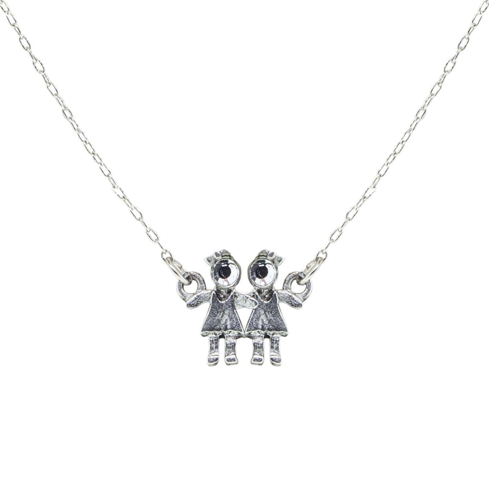 1928 Jewelry Pewter Crystal Pendant Necklace - Two Girls Holding Hands Charm, 16 Inch Chain - Perfect for Gifts, Anniversaries & Special Occasions