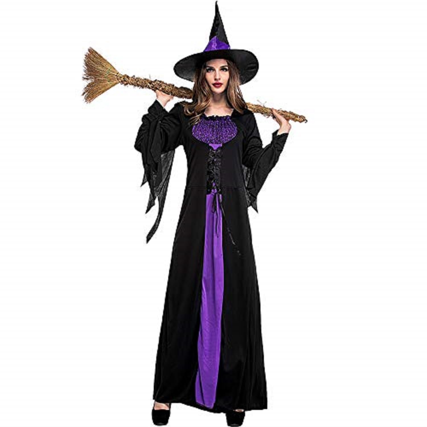 Wicked Witch Costume for Women - Purple Long Sorceress Dress with Cape | Halloween Cosplay, Witch Party, Theatrical Performance, Fantasy Role Play
