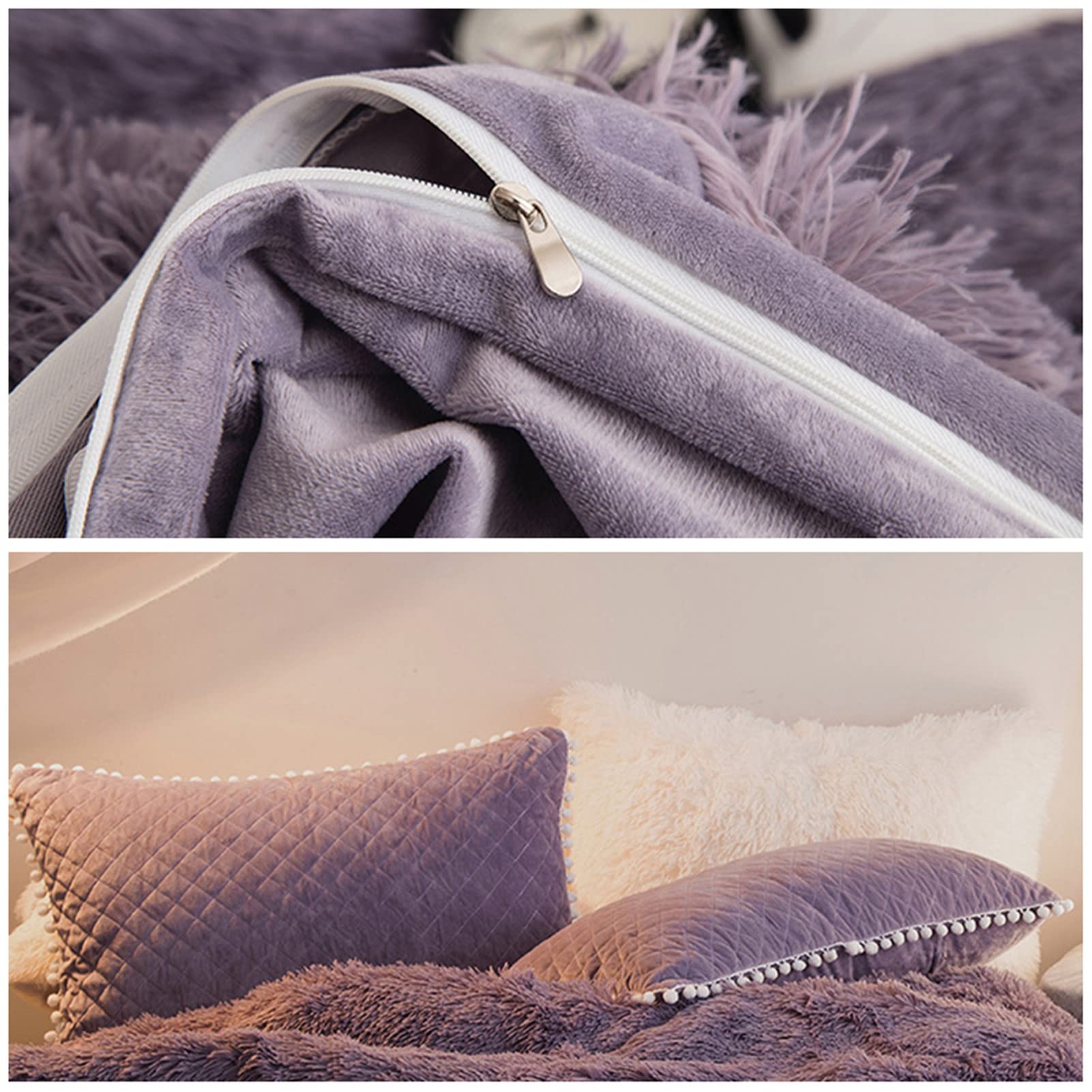 Luxury Super Soft Fluffy Comforter Cover Set - Warm & Cozy Plush Shaggy Duvet Cover with Faux Fur & Pompom Fringe (1 Duvet + 2 Pillow Shams) for Double/Queen Bed (1.8m) - Perfect for Winter Bedroom Decor & Cozy Nights