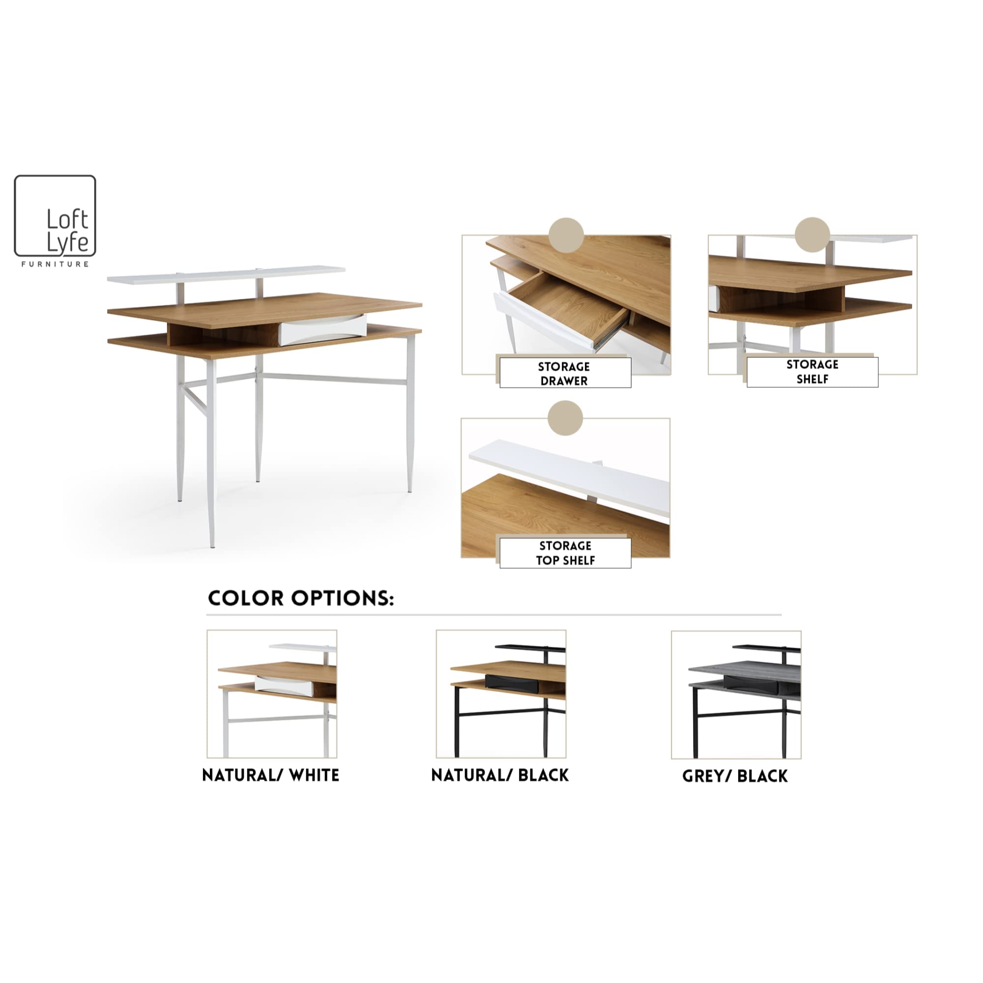 Laurel Office Desk with 1 Drawer, Side Storage & Top Shelves - Rectangular, Grey/Black - Perfect for Home Office, Study Room & Small Workspace