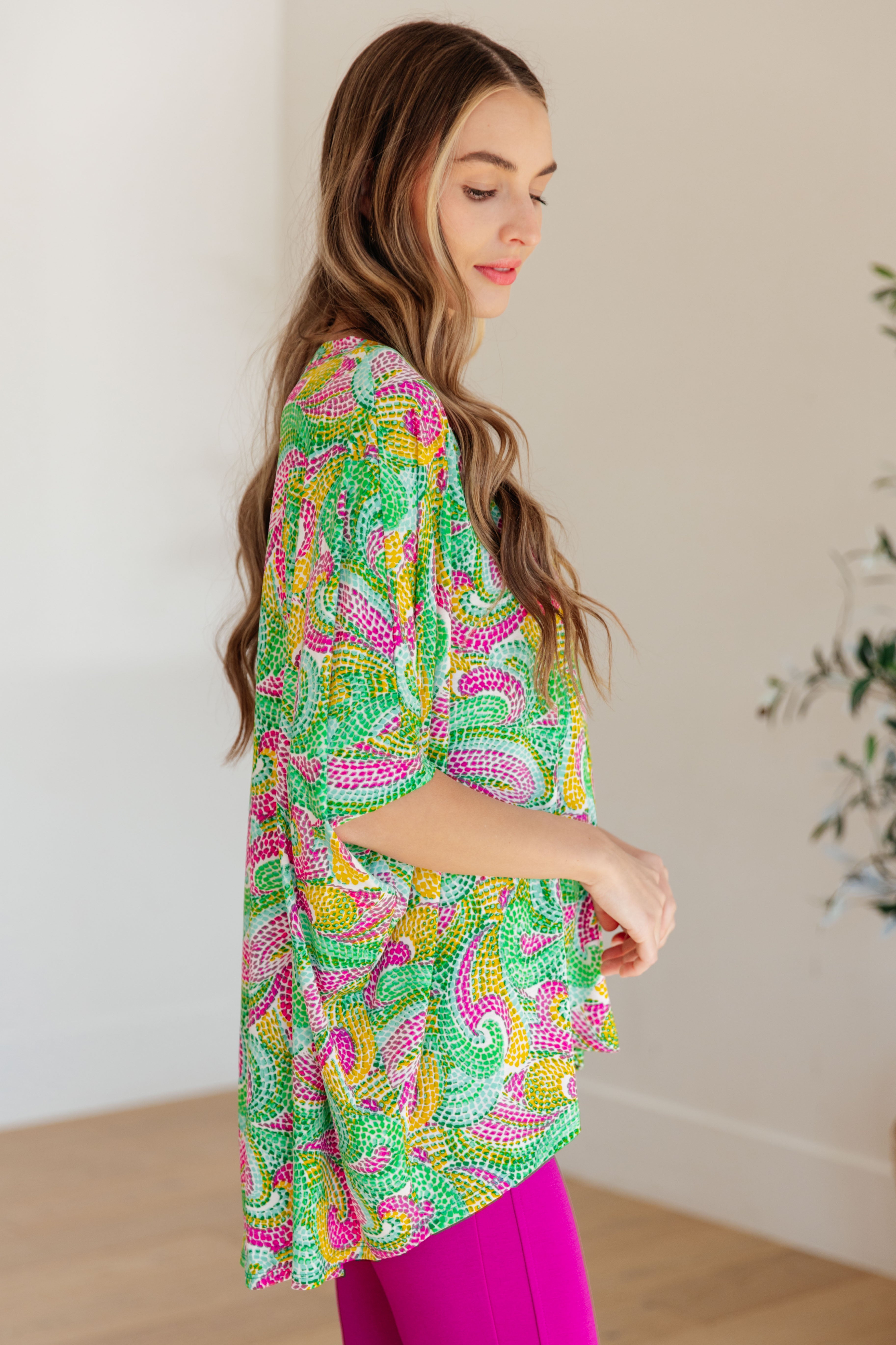 Dear Scarlett Women's Painted Green and Pink Essential Blouse - Elegant Casual Top for Work, Date Night & Spring Outfits