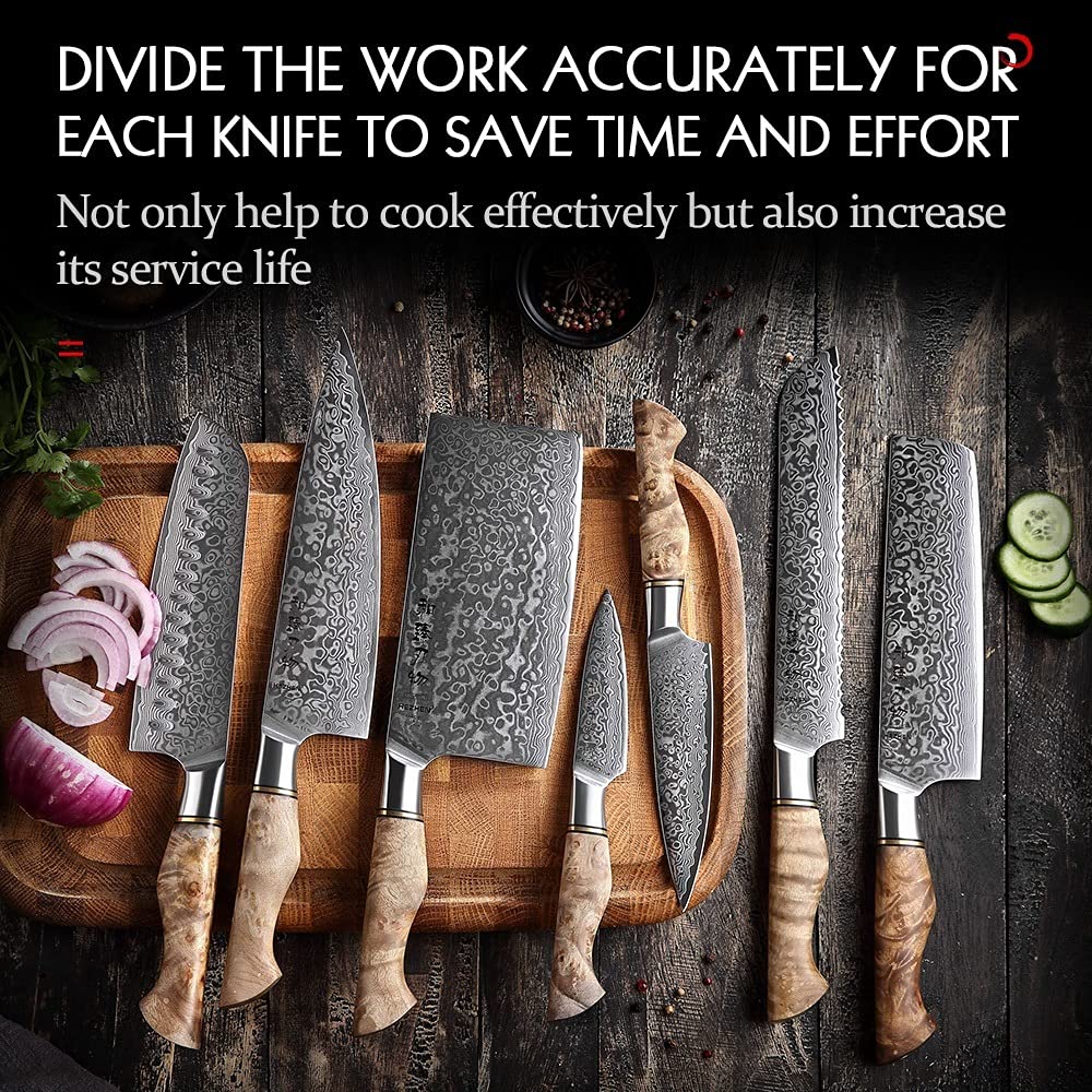 **7-Piece Damascus Steel Kitchen Knife Set - Professional Chef, Bread, Paring, Santoku, Nakiri Knives for Cooking & Food Prep | Sharp & Durable BY ZZYY | Perfect for Home Chefs & Culinary Enthusiasts**