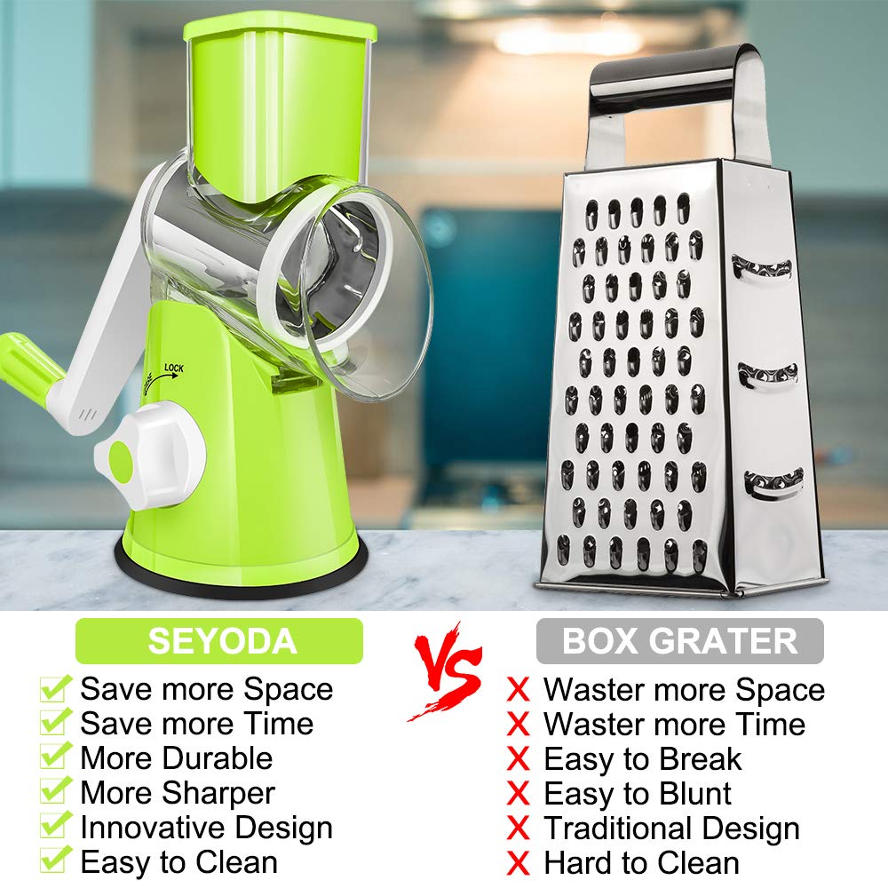 Premium Rotary Cheese Grater - 3 Interchangeable Stainless Steel Blades for Effortless Shredding | Perfect for Cheese, Vegetables, Nuts & Fruits | Easy to Clean Kitchen Gadget (Green) - Ideal for Meal Prep, Pizza Topping & Salad Making