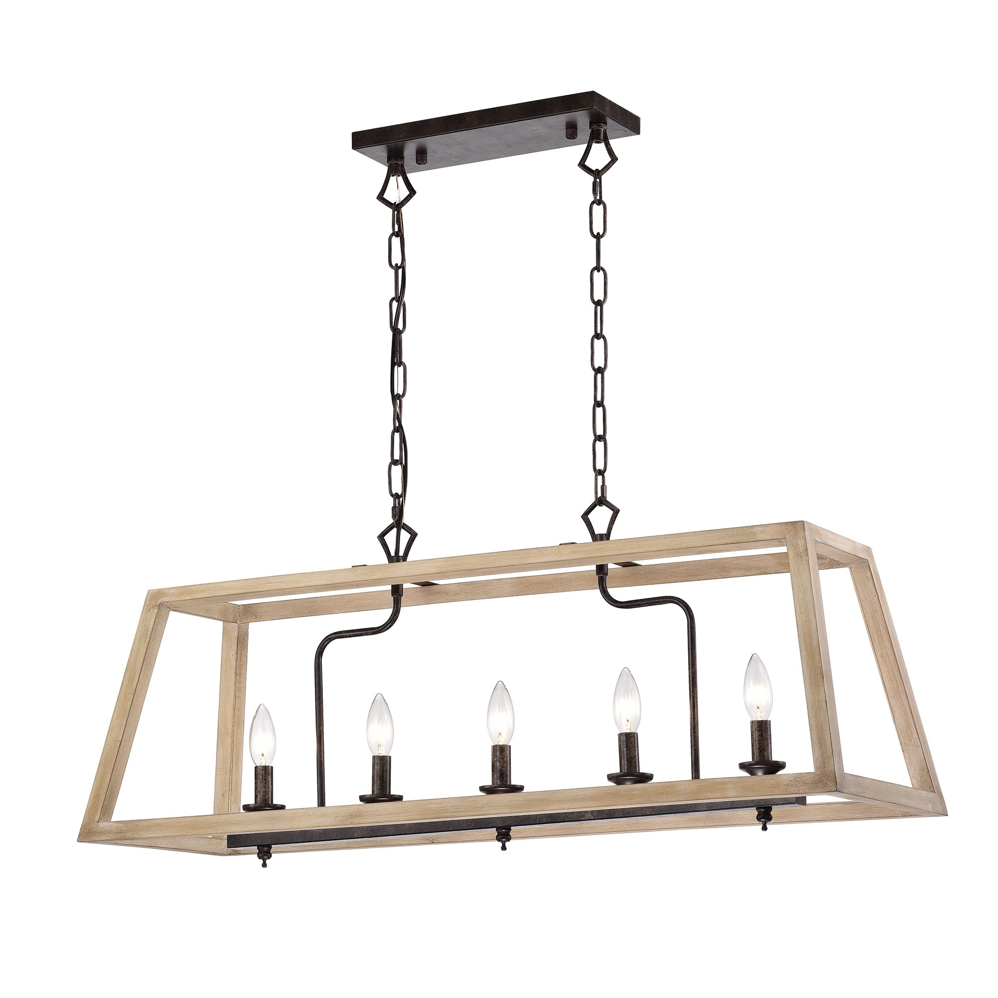 Edvivi 5-Light Rectangular Kitchen Island Chandelier - Farmhouse Ceiling Light Fixture in Antique White Wood & Rust Finish - Rustic Pendant Lighting for Kitchen Island, Dining Room, Breakfast Nook & Farmhouse Decor