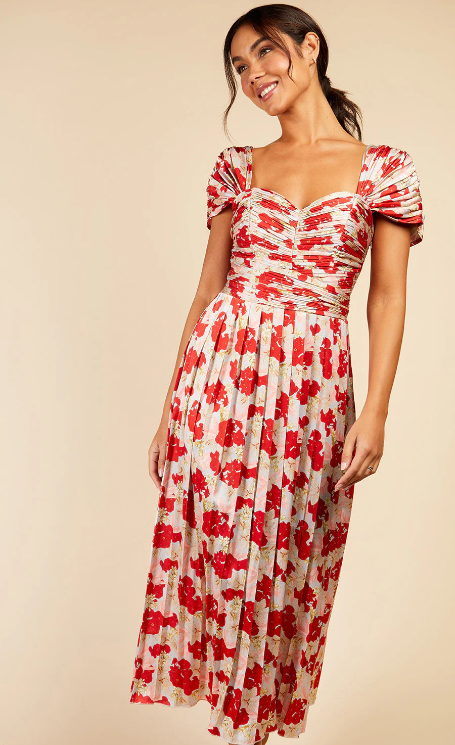 Jackson Pleated Midaxi Dress - Red Floral Print Summer Dress for Women, Perfect for Beach Vacations, Garden Parties & Date Nights