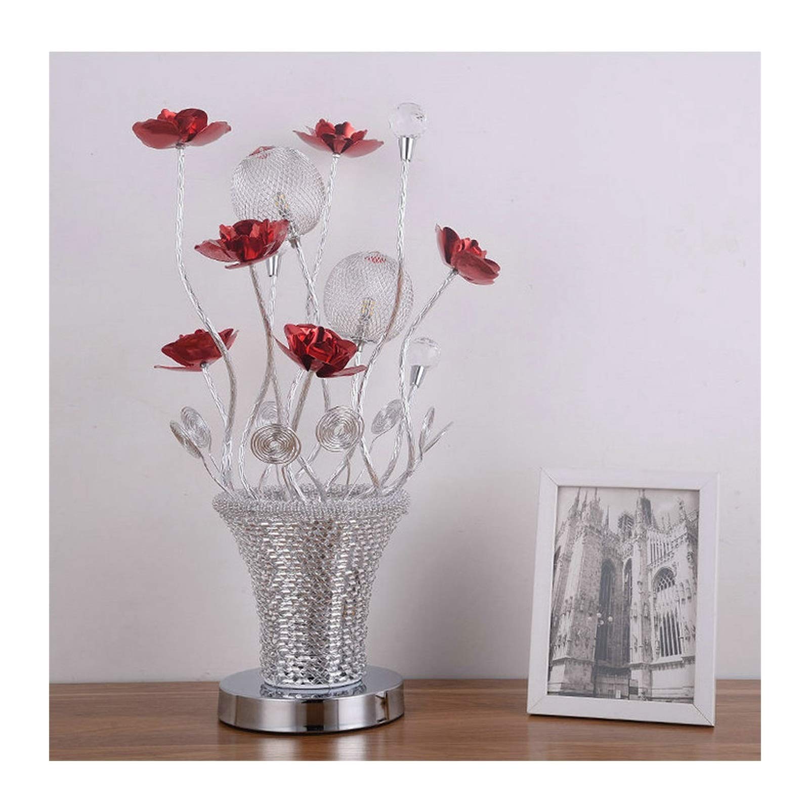 Luxury Crystal Ball LED Table Lamp with Red Flowers & Silver Metal Vase - Modern Bedside Lamp for Bedroom, Living Room, Office - Dimmable Night Light & Home Decor Accent Lighting