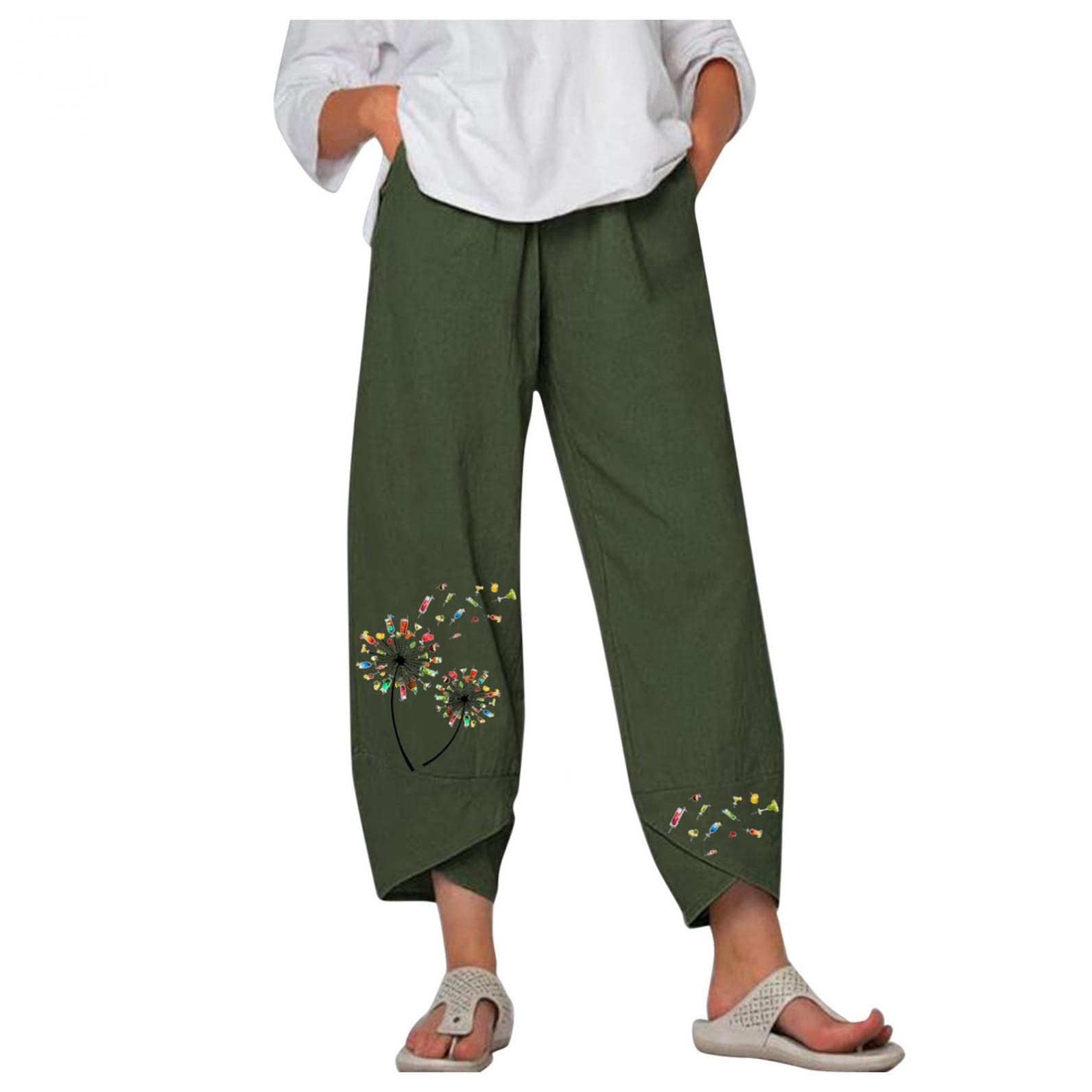 Women's Cotton Linen Capri Pants - Floral Summer Beach Pants with Pockets | Casual Dressy Trousers for Vacation, Travel & Outdoor Activities