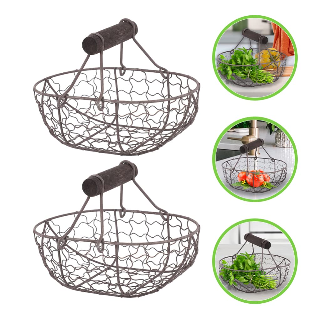 DOITOOL 2-Pack Metal Egg Basket with Wooden Handle - Rustic Farmhouse Wire Chicken Egg Holder for Fresh Eggs, Fruits & Vegetables - Perfect for Farmhouse Kitchen Decor, Farmers Market & Countryside Egg Collection