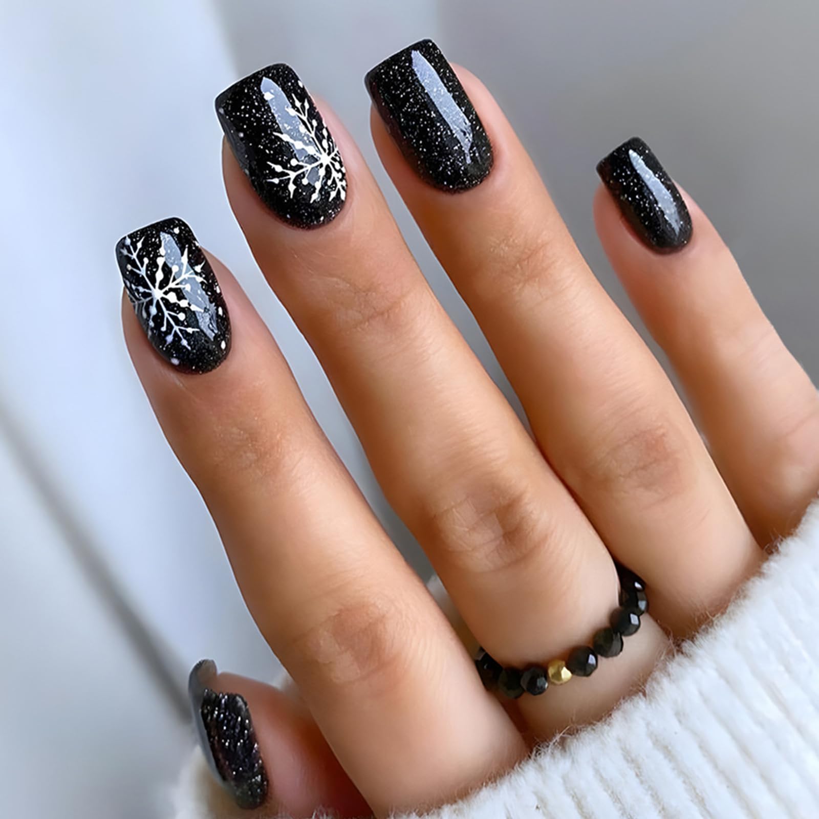 24-Pack Christmas Short Square False Nails - Glossy Black French Tips with Snowflake Designs, Acrylic Press-On Nails for Women & Girls | DIY Manicure, Holiday Parties, Gift Giving, Salon-Quality Nails at Home