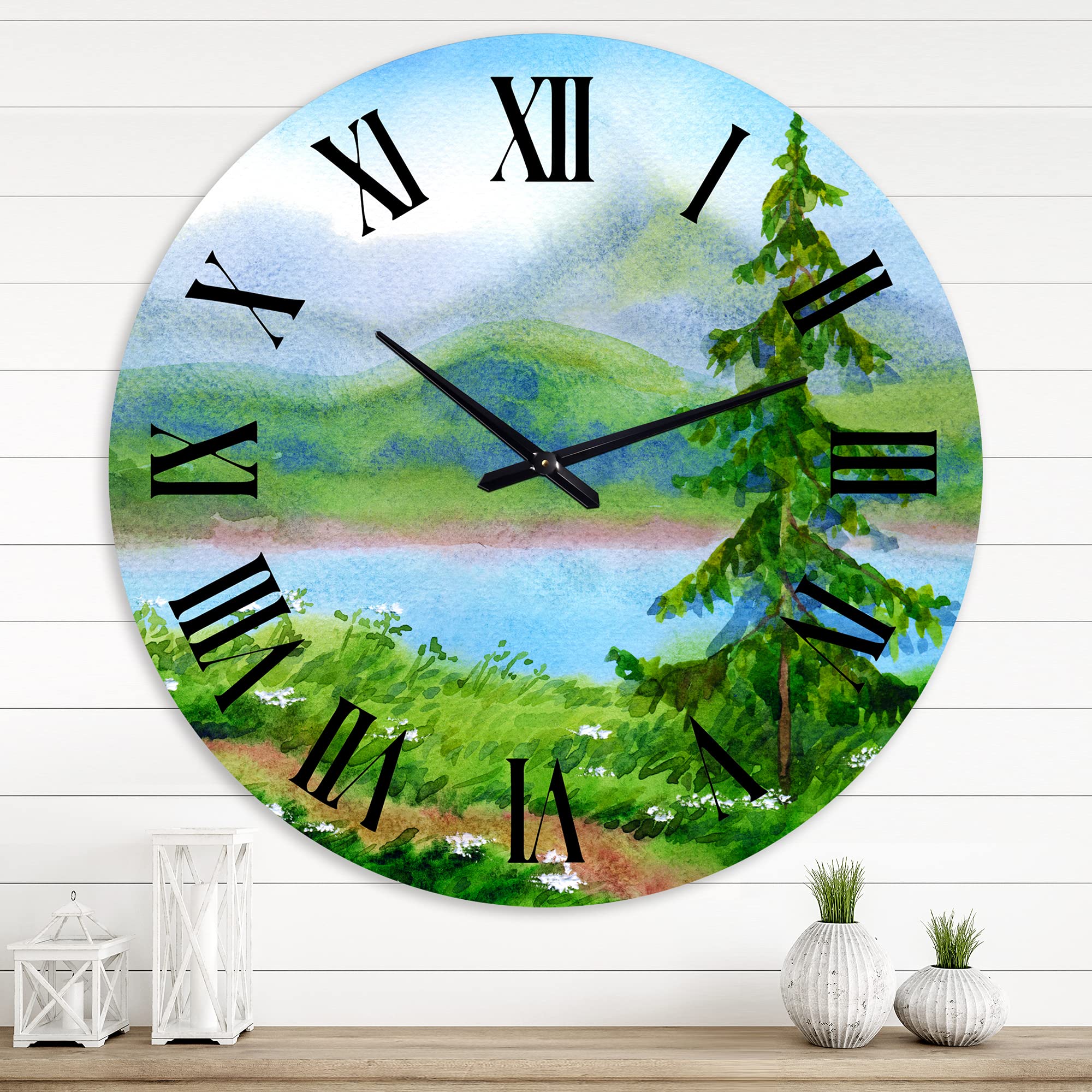 DesignQ Traditional Large Wall Clock - 'Landscape Spruce Near The Trail On A Hill' Nature-Themed Decor for Living Room, Bedroom & Office | Silent Non-Ticking Home Décor