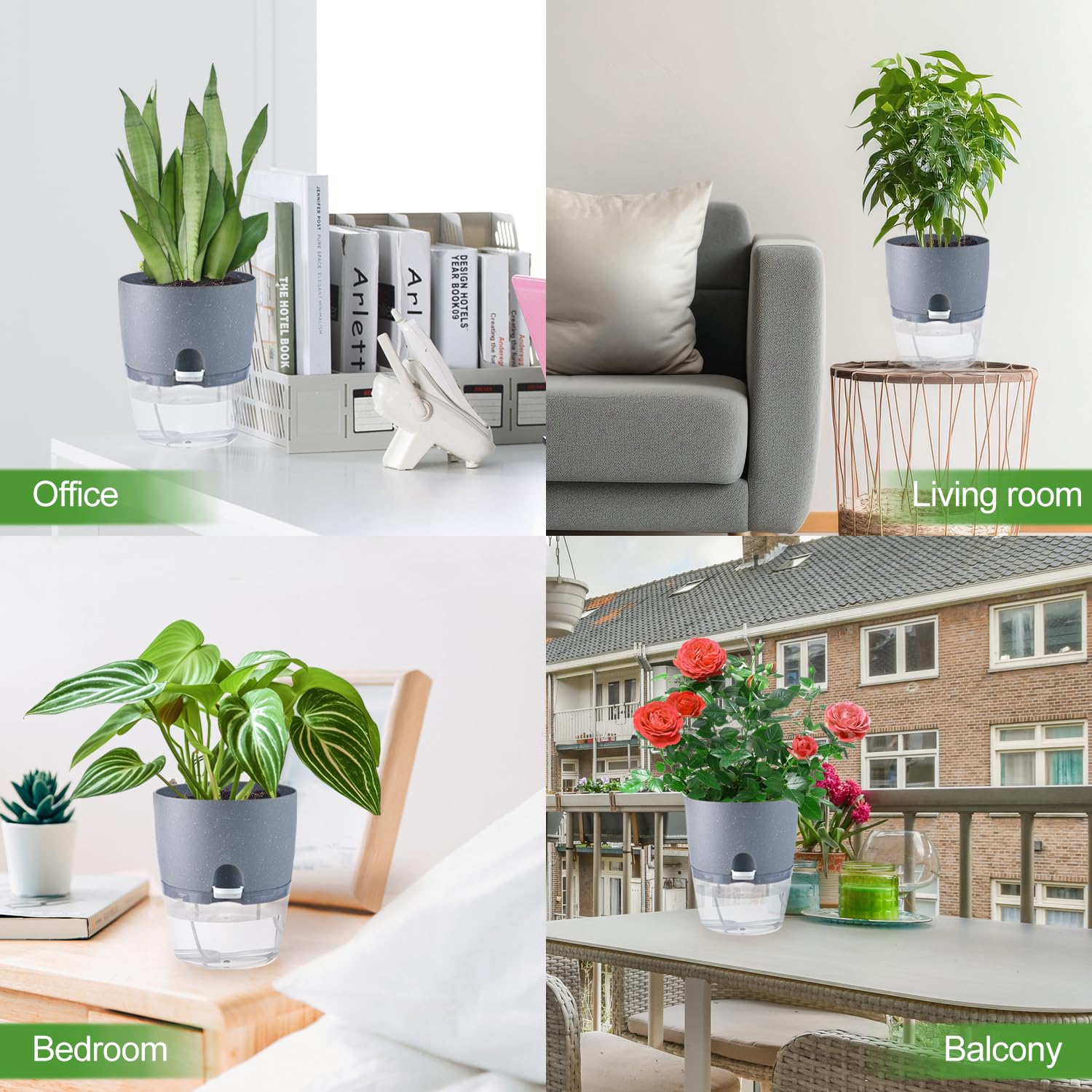 6 Pack Self Watering Plant Pots for Indoor Plants - 6 Inch Grey Plastic Flower Pots with Drainage Holes & Water Level Indicator, Perfect for African Violets, Herbs, Succulents & All Houseplants (Includes 1 Spray Bottle) - Ideal for Home, Office, Balcony & Garden Decor