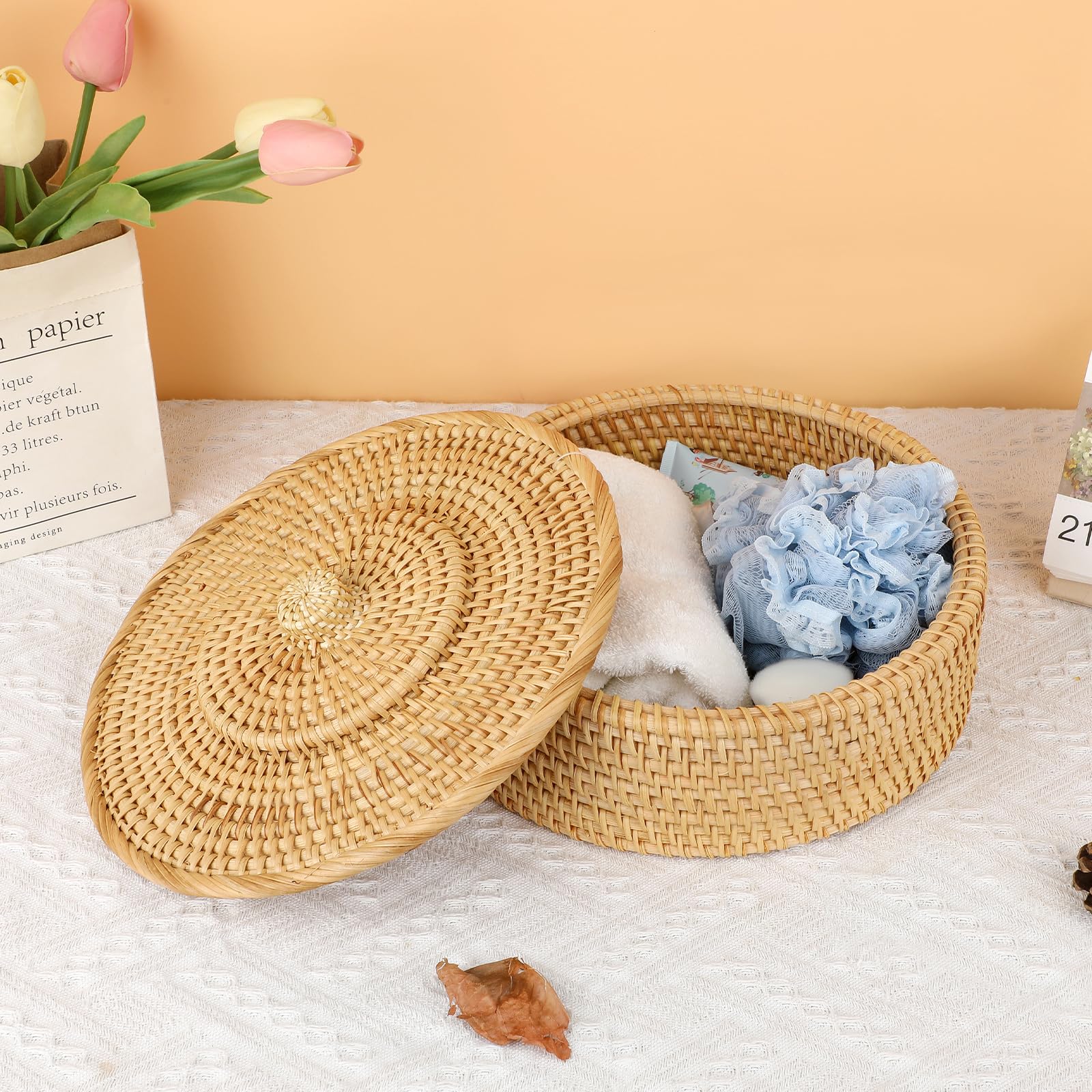 Round Rattan Basket with Lid - Small Wicker Storage for Home Decor