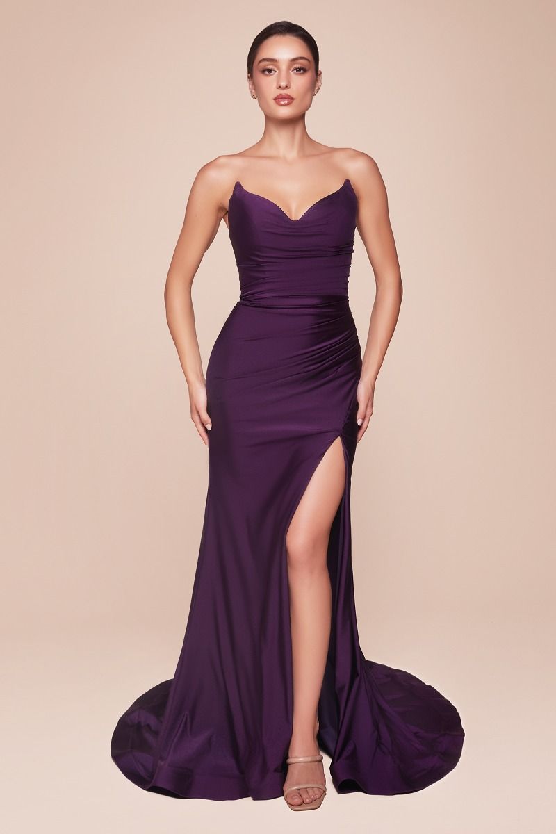Strapless Stretch Spandex Satin Fitted Gown - Elegant Pointed V Neckline Ava Dress in Eggplant Purple for Evening Gala & Prom Night