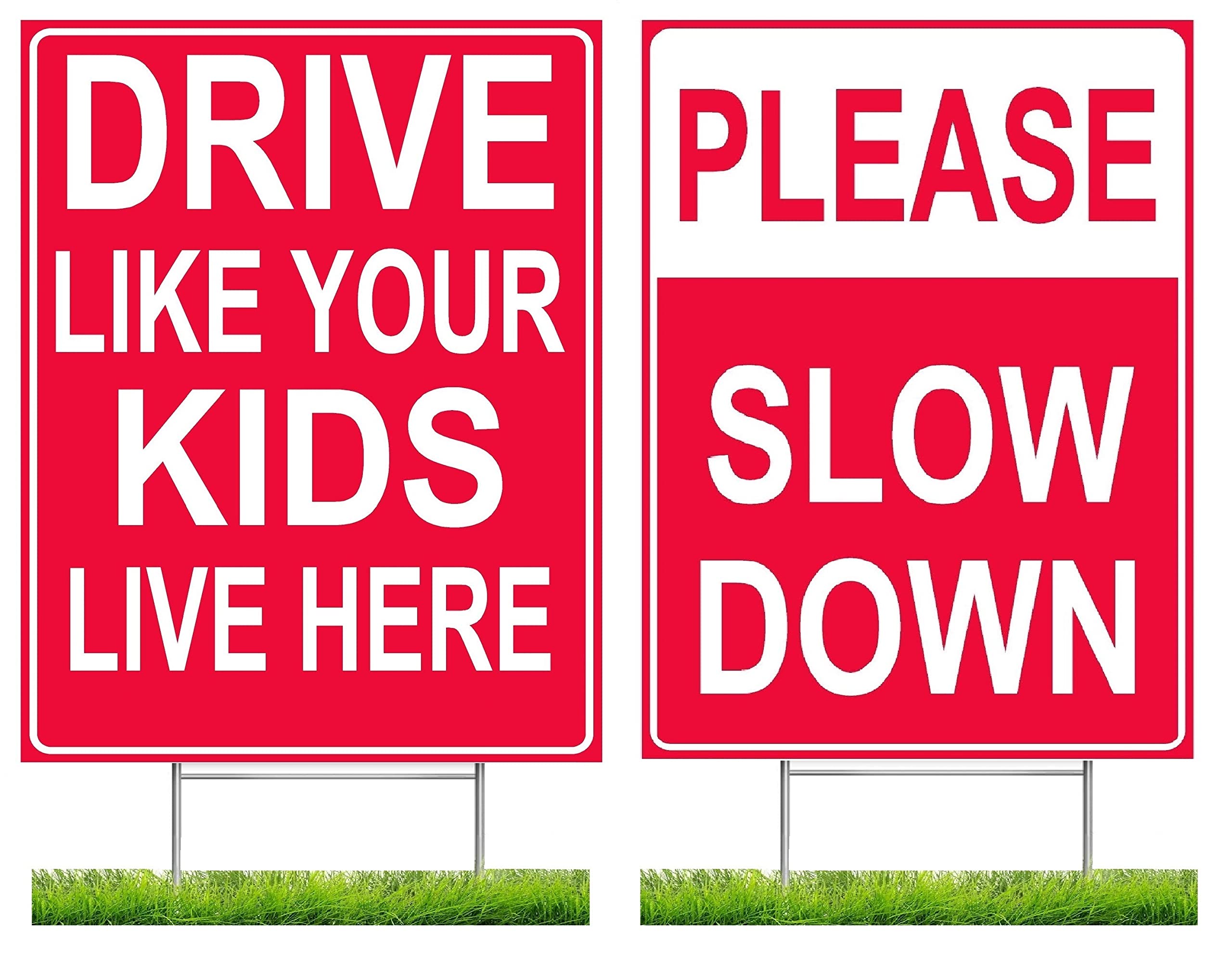 Slow Down & Drive Like Your Kids Live Here Sign Combo Pack - Double Sided Red/White Safety Signs with Metal Stand | Perfect for Neighborhoods, School Zones & Residential Areas