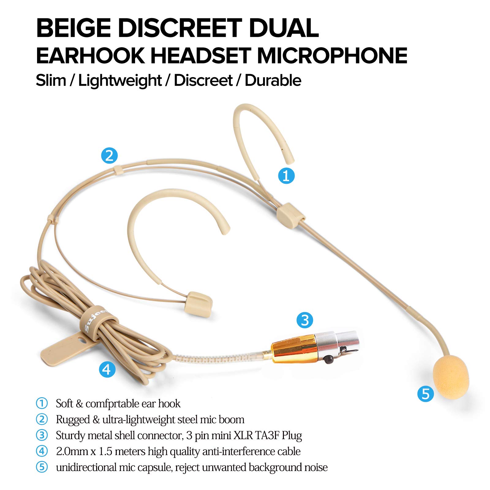 Discreet Dual Ear Hook Headset Microphone with Windscreen & Storage Case - Compatible with AKG Wireless Body Pack Transmitters - Ideal for Lectures, Live Performances, Theater, Podcasting, and Broadcasting