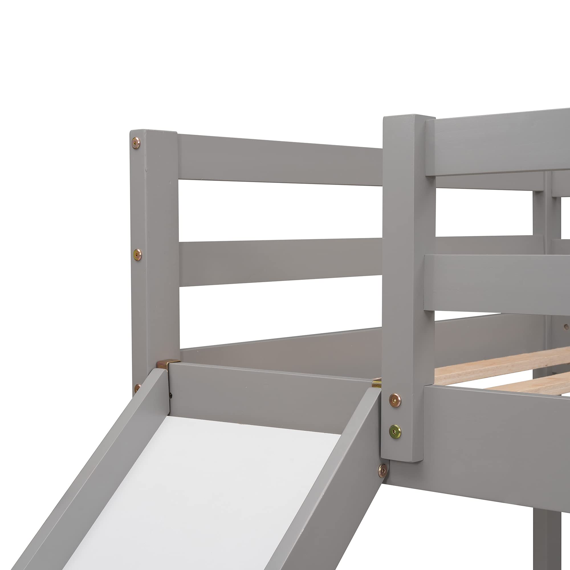 Twin Over Twin Bunk Bed with Slide - Wooden Low Bunk Bed Frame with Ladder & Safety Rail for Kids, Toddlers, Boys & Girls - Perfect for Small Bedrooms, Kids' Rooms & Shared Spaces - Gray