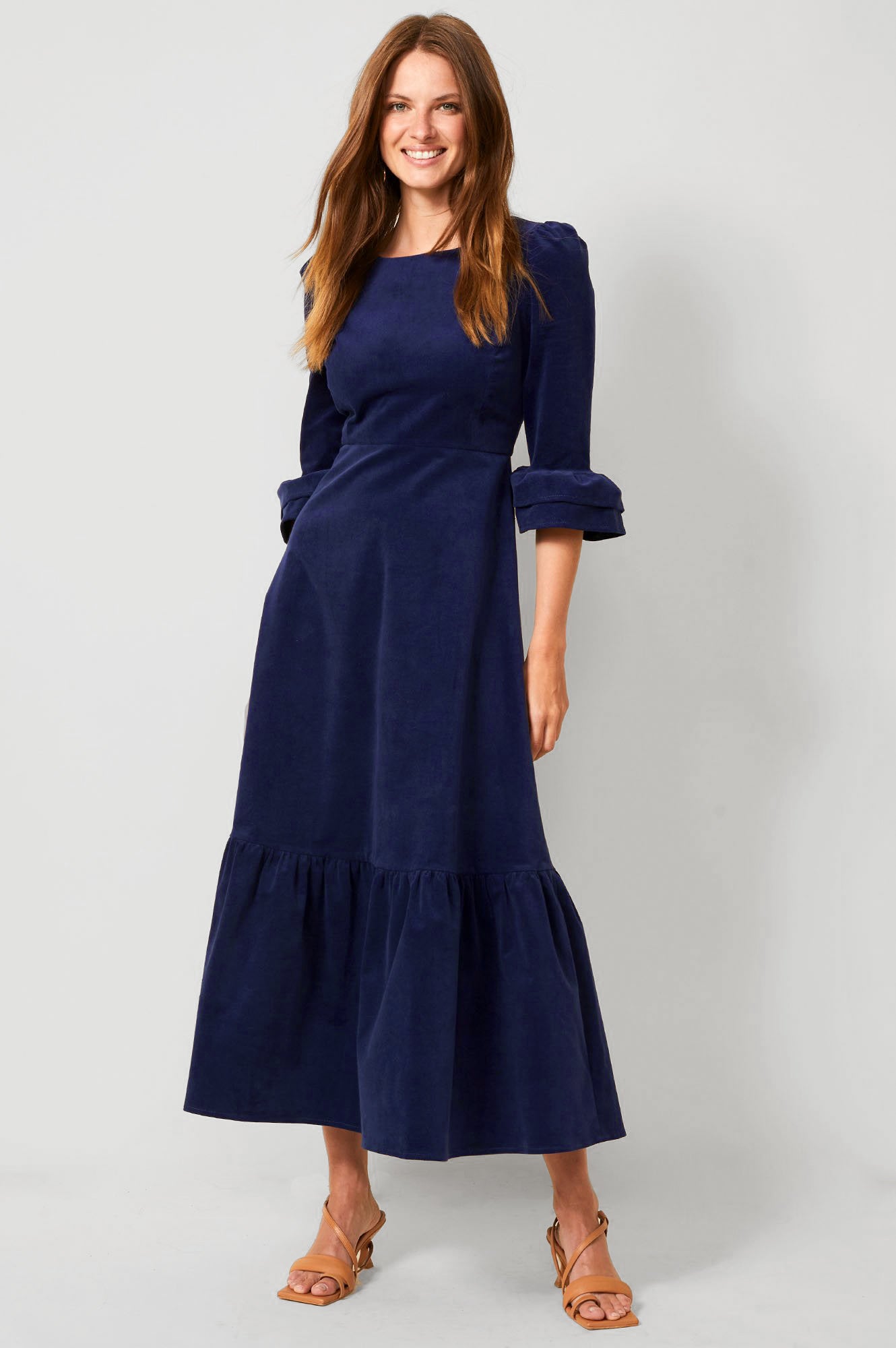 Victoria Round Neck 3/4 Sleeve Stretch Corduroy Dress for Women | Atlantic Blue | Casual Fall Outfit, Office Wear & Date Night Dress