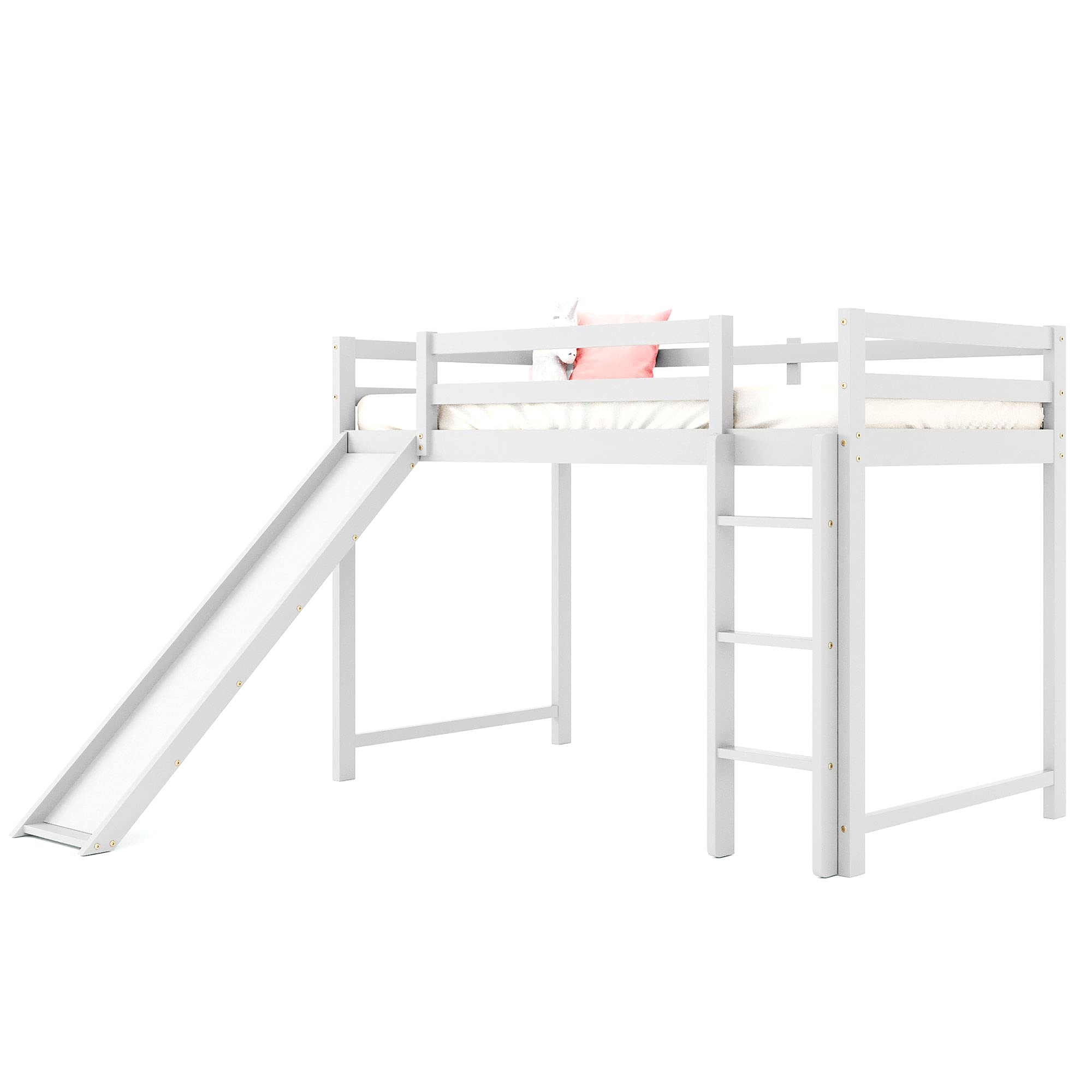 RUNNA Twin Over Twin Wood Bunk Bed with Convertible Slide & Ladder - Space-Saving Kids Bunk Bed Frame with Full-Length Guardrail - White & Wood Finish - Perfect for Small Bedrooms, Kids' Rooms & Shared Spaces