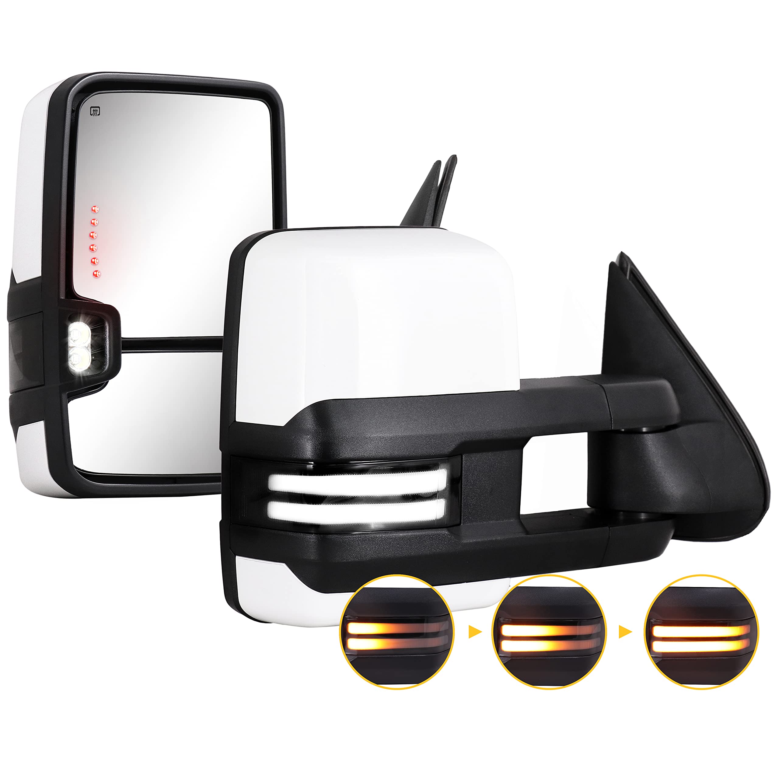 2003-2007 Chevy Silverado & GMC Sierra Towing Mirrors with White Painted Switchback Turn Signals - Power Glass, Running Lights & Backup Lamps (Pair, White Painted 8624) - Perfect for Towing, Off-Roading & Enhanced Night Visibility