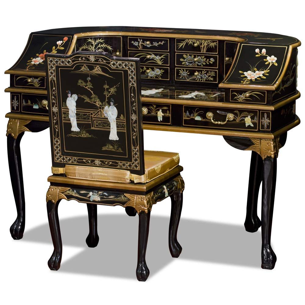 Elegant Black Lacquer Oriental Desk Set with Mother of Pearl Inlay - Harpsichord Style Writing Desk for Home Office & Study Room Decor