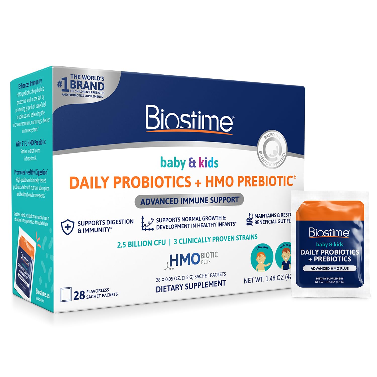 Biostime Baby Probiotic Powder for Kids with HMO & Prebiotic Fiber | Immune System Support | Digestive Health & Constipation Relief for Toddlers & Infants - 28 Packets | Ideal for Travel, Daycare & Daily Gut Health Maintenance