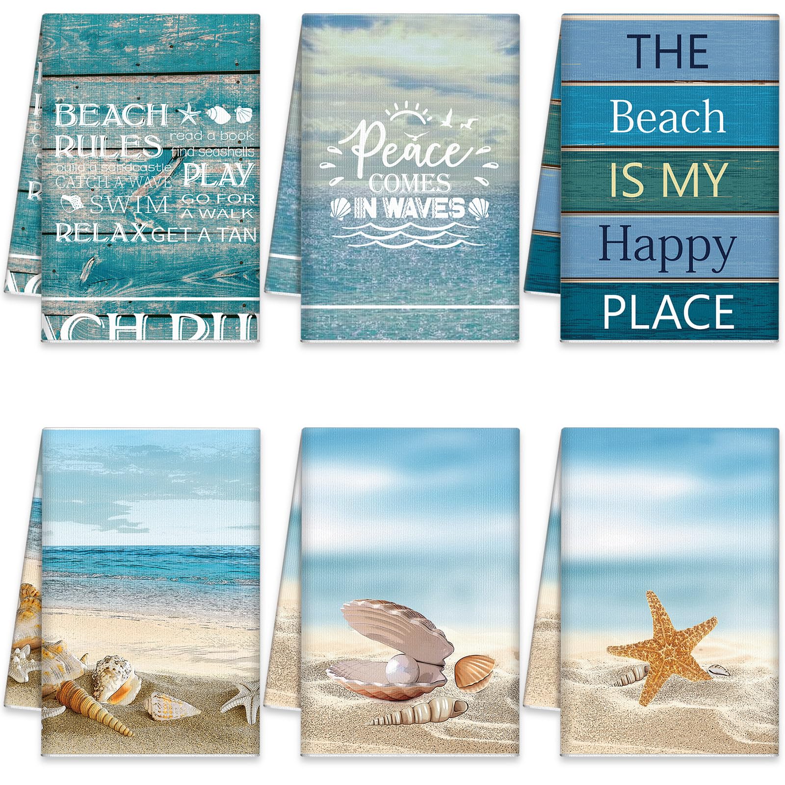 Mixweer 6-Pack Absorbent Nautical Beach Kitchen Towels - 16x24 Inch Coastal Hand & Dish Cloths with Sea Turtle Design for Bathroom, Kitchen & Home Decor (Blue) - Perfect for Beach Houses, Coastal Themed Kitchens & Summer Entertaining