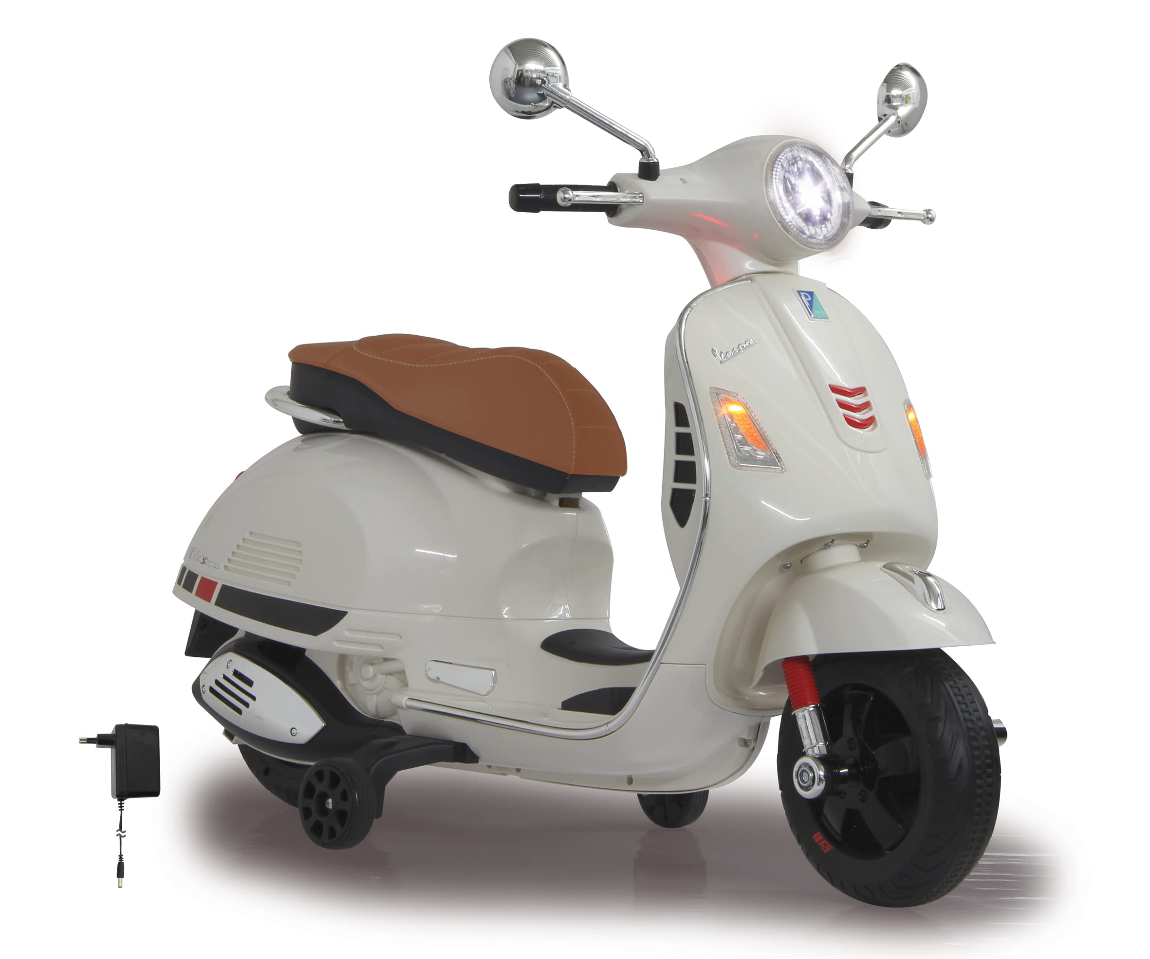 Jamara 460346 - 12V Kids Ride-On Vespa Scooter with Powerful 500mA Battery, LED Headlight, SD/AUX/USB Ports & Ultra-Grip Wheels – Perfect for Indoor & Outdoor Play, Birthday Gifts for Boys & Girls Ages 3-8
