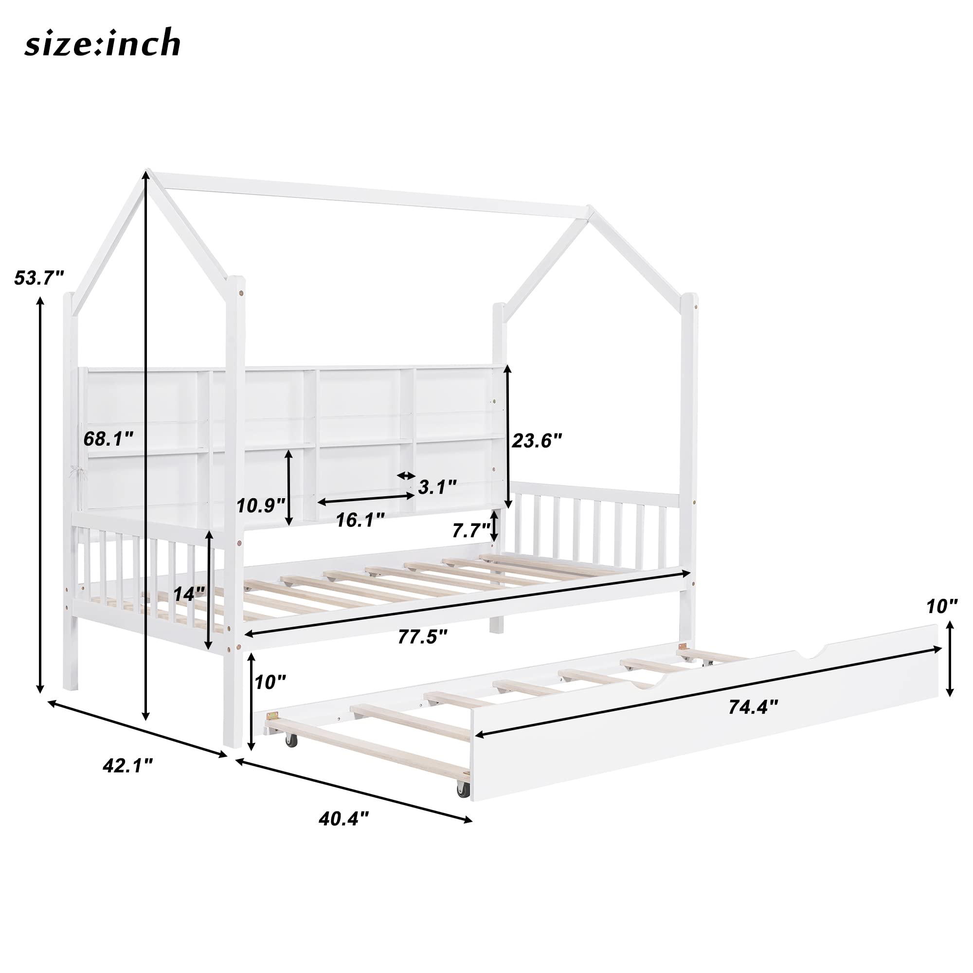 Harper & Bright Designs Twin Size House Bed with Trundle - Solid Wood Twin House Bed Frame with Storage Shelf, Playhouse Bed for Kids & Toddlers (Girls & Boys), No Box Spring Needed, White - Perfect for Bedroom, Playroom & Nursery Decor