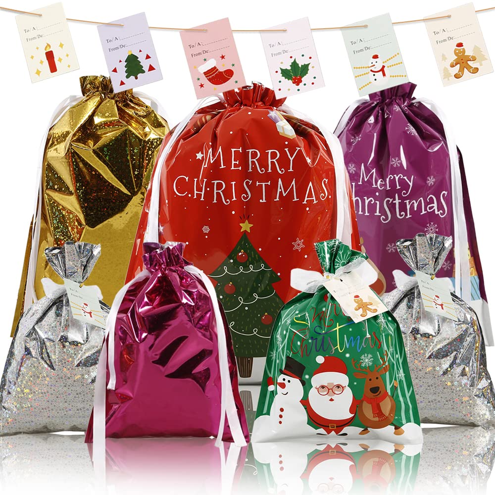 Blackmatrix Christmas Gift Bags with Drawstring - 30Pcs Holiday Foil Wrapping Bags in 6 Festive Designs (Large, Medium, Small) - 60 Piece Set for Xmas, Santa, Birthday & Party Presents - Perfect for Holiday Gift Wrapping, Office Exchanges & Stocking Stuffers