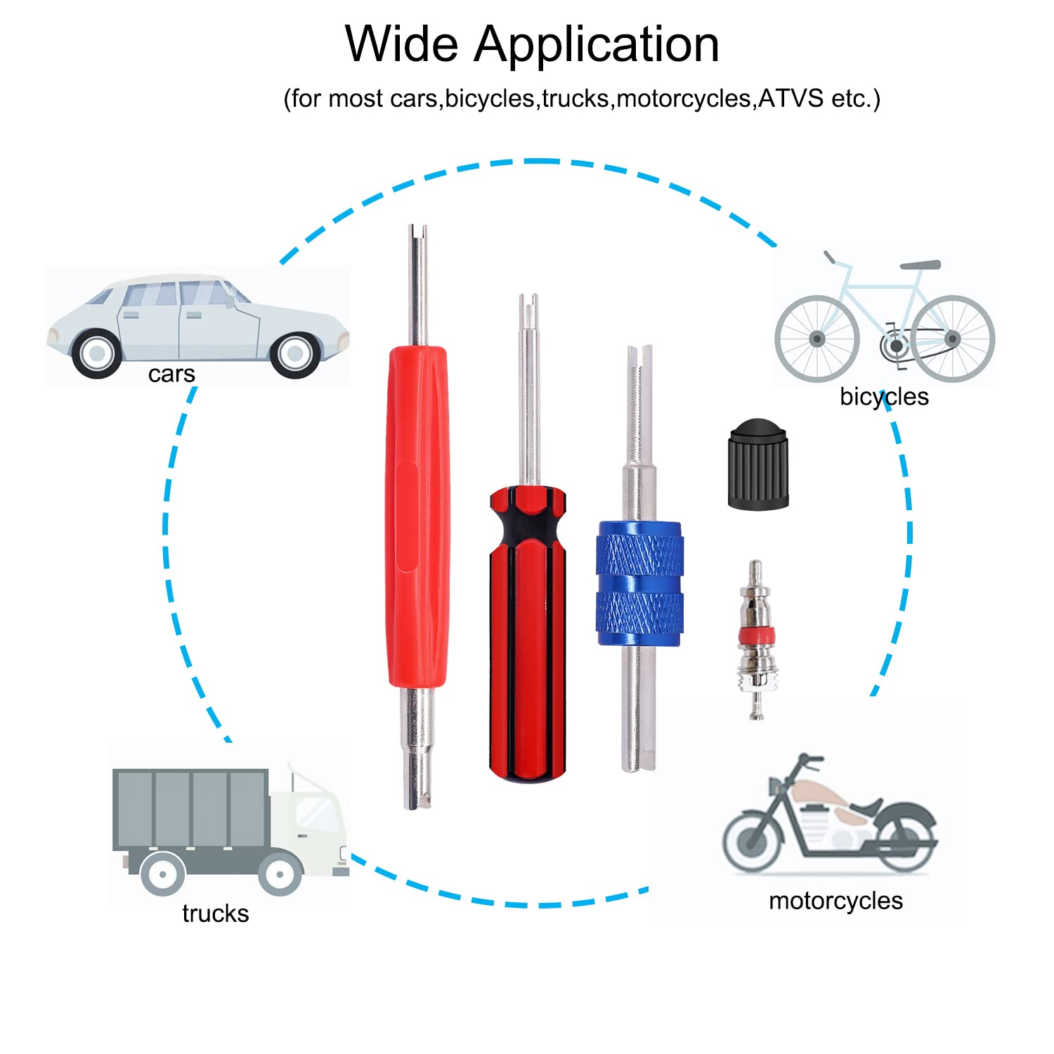 64PCS Tire Valve Stem Removal Tool Kit - 40PCS Valve Cores, 20PCS Caps, 4-Way Valve Tool & Dual Head Remover for Car, Bike, Motorcycle Tire Repair & Maintenance